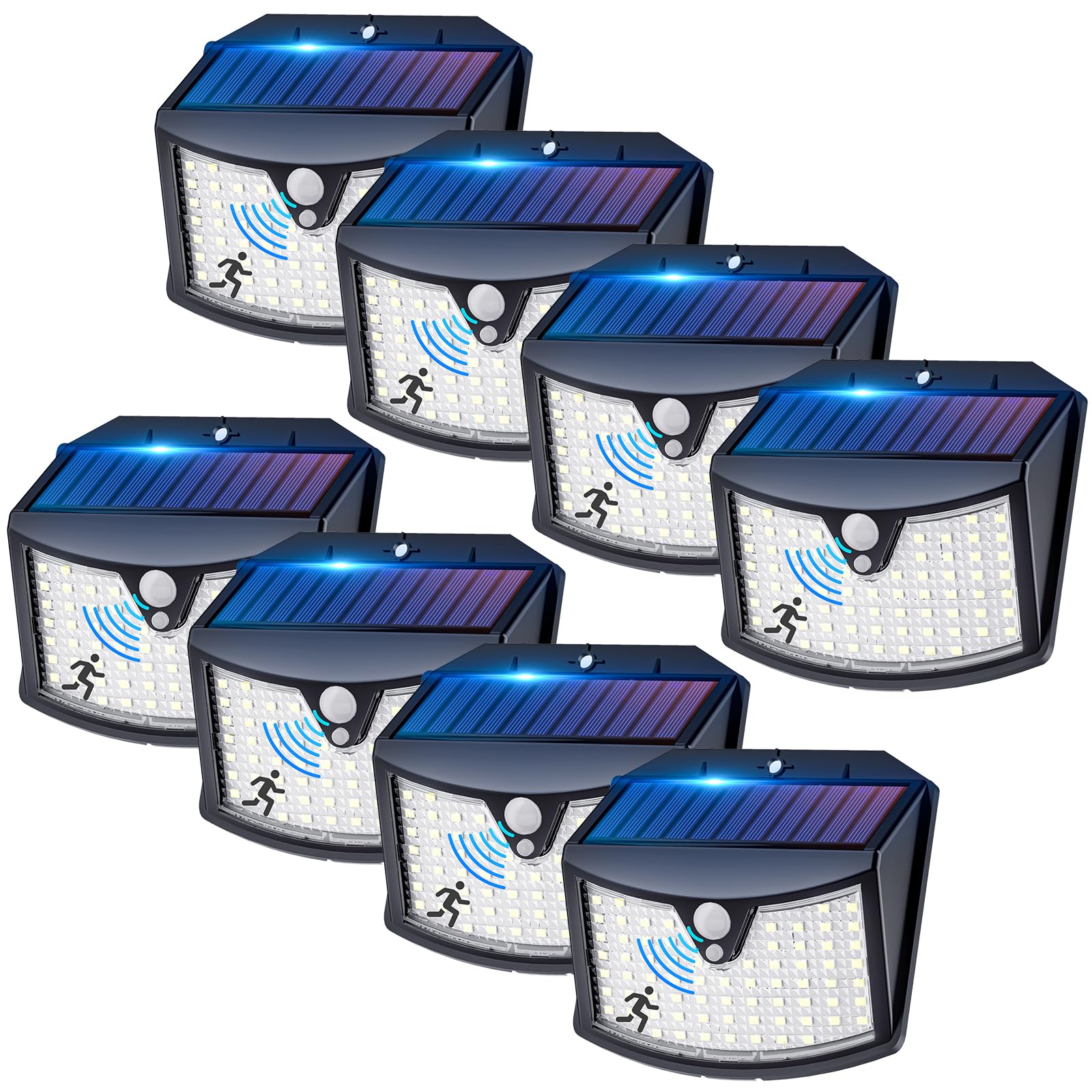 Luce Solare Led Esterno, 3 Modos IP65 Impermeabile Faretto LED da Esterno con Sensore di Movimento, Lampada Solare da Esterno per Giardino, Parete, Garage (8 Pezzi Bianco Freddo)