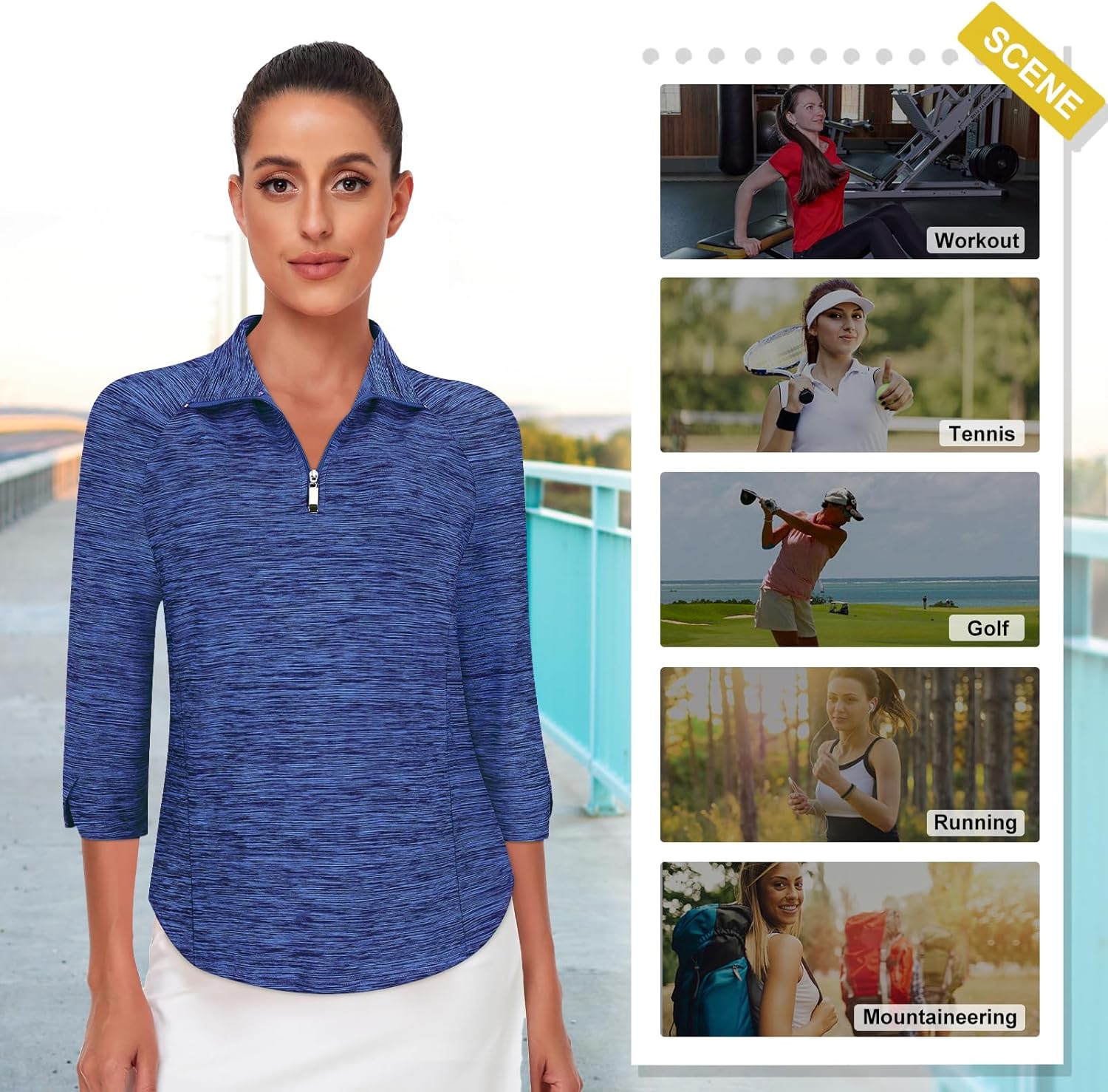 Cucuchy Style Womens Golf Shirt 3/4 Sleeve Quarter Zip Workout Tennis Tops Quick Dry UPF 50+ Shirts