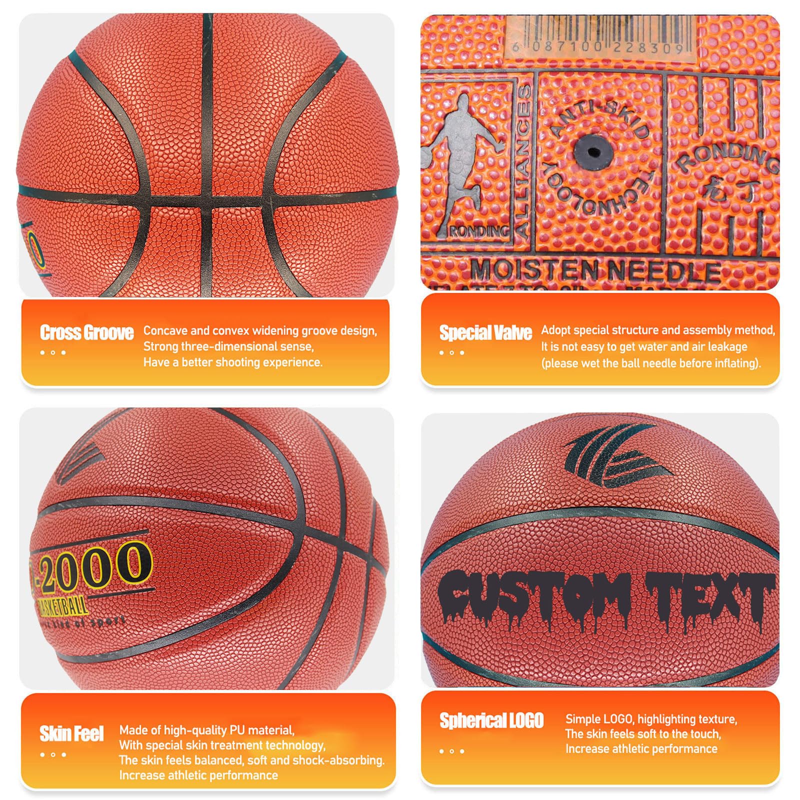 Ballon de basket-ball personnalisé pour intérieur et extérieur - En cuir composite imprimé avec votre nom - Taille officielle 5, 6, 7
