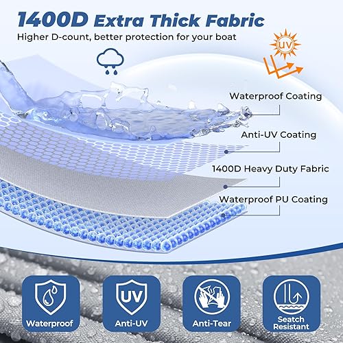 Miniatura 2 de RVMasking Funda para barco, 1400D resistente reforzada, impermeable, remolcable con bolsa de almacenamiento para casco en V, Tri-casco, pescado y