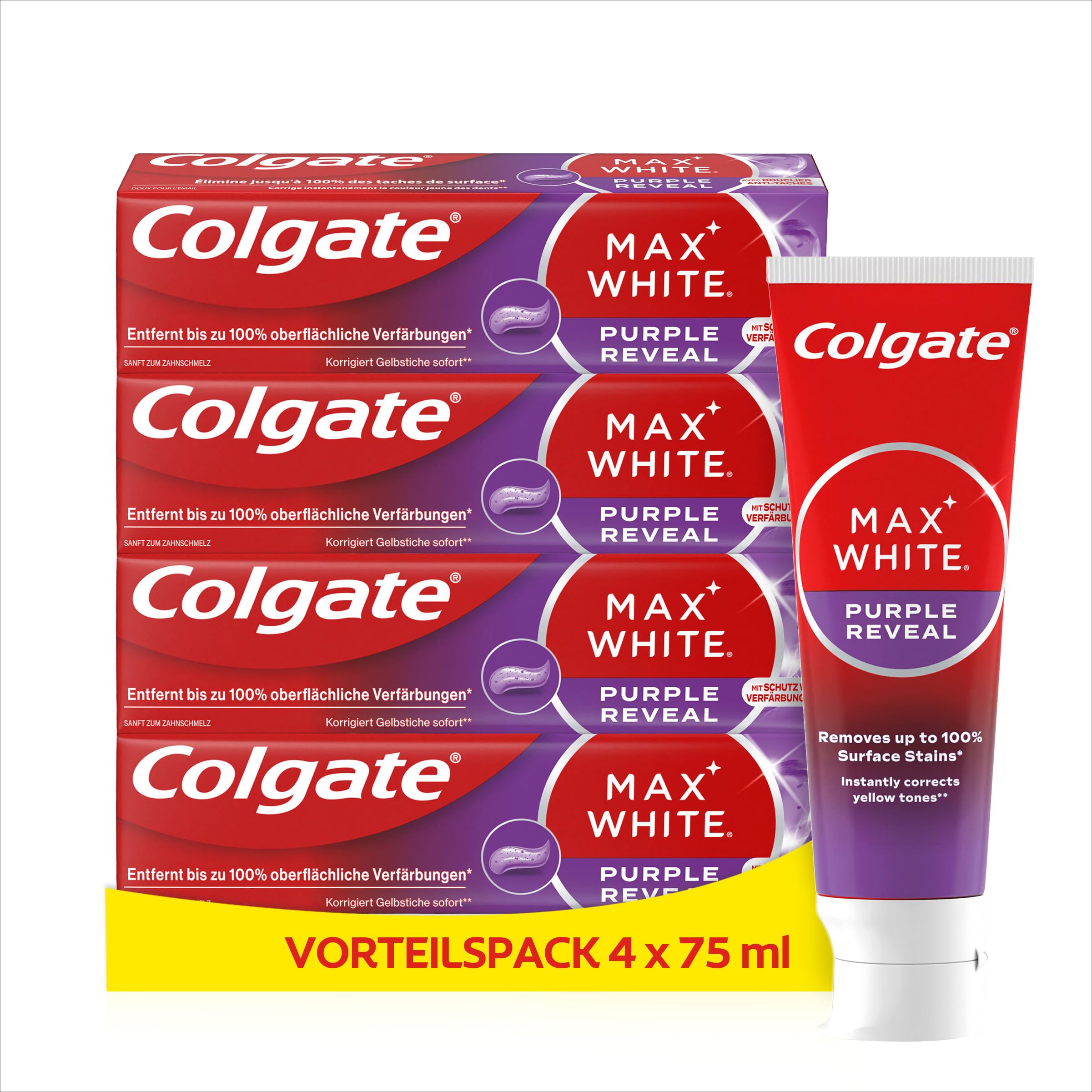 Colgate Zahnpasta Max White Purple Reveal, für Sofort Weiße Zähne, 4x 75 ml