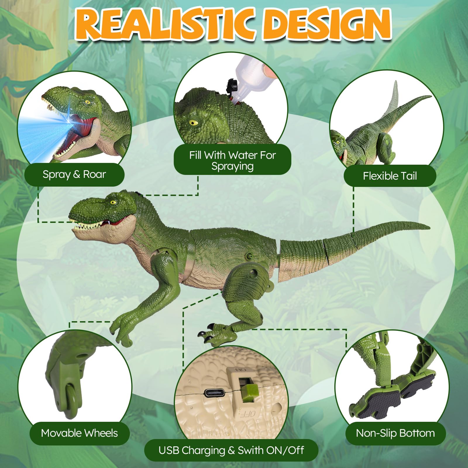 Giocattolo a forma di dinosauro, giocattolo radiocomandato a LED per bambini, robot RC Dino con rumore, funzione spray, movimenti testa e coda, regalo per ragazzi e ragazze 3-12 anni