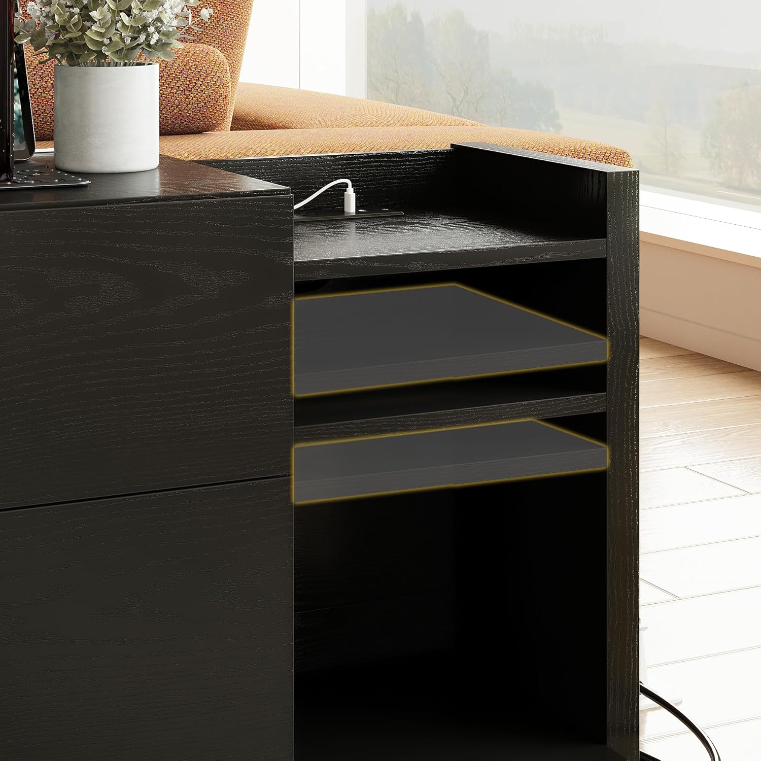 LIKIMIO Black Night Stand with Shelves, Charging Station & LED, 2 Drawer Wooden Bedside Table Record Player Stand for Bedroom, Entryway, Large