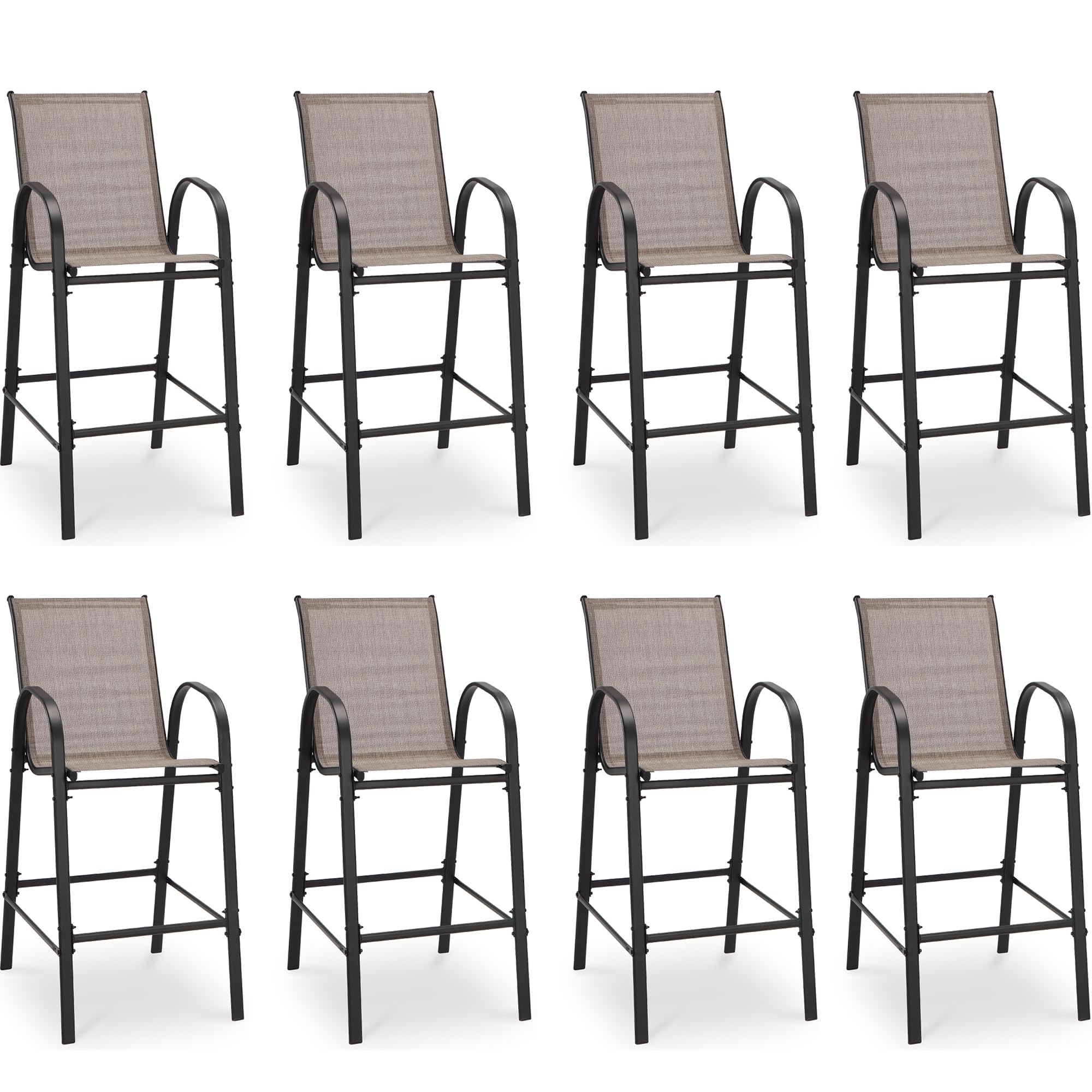 HOMREST Outdoor Bar Height Stools Set of 8,High Back Patio Chairs with Armrests,Textilene Chairs with Breathable Fabric & Metal Frame for All Weather,