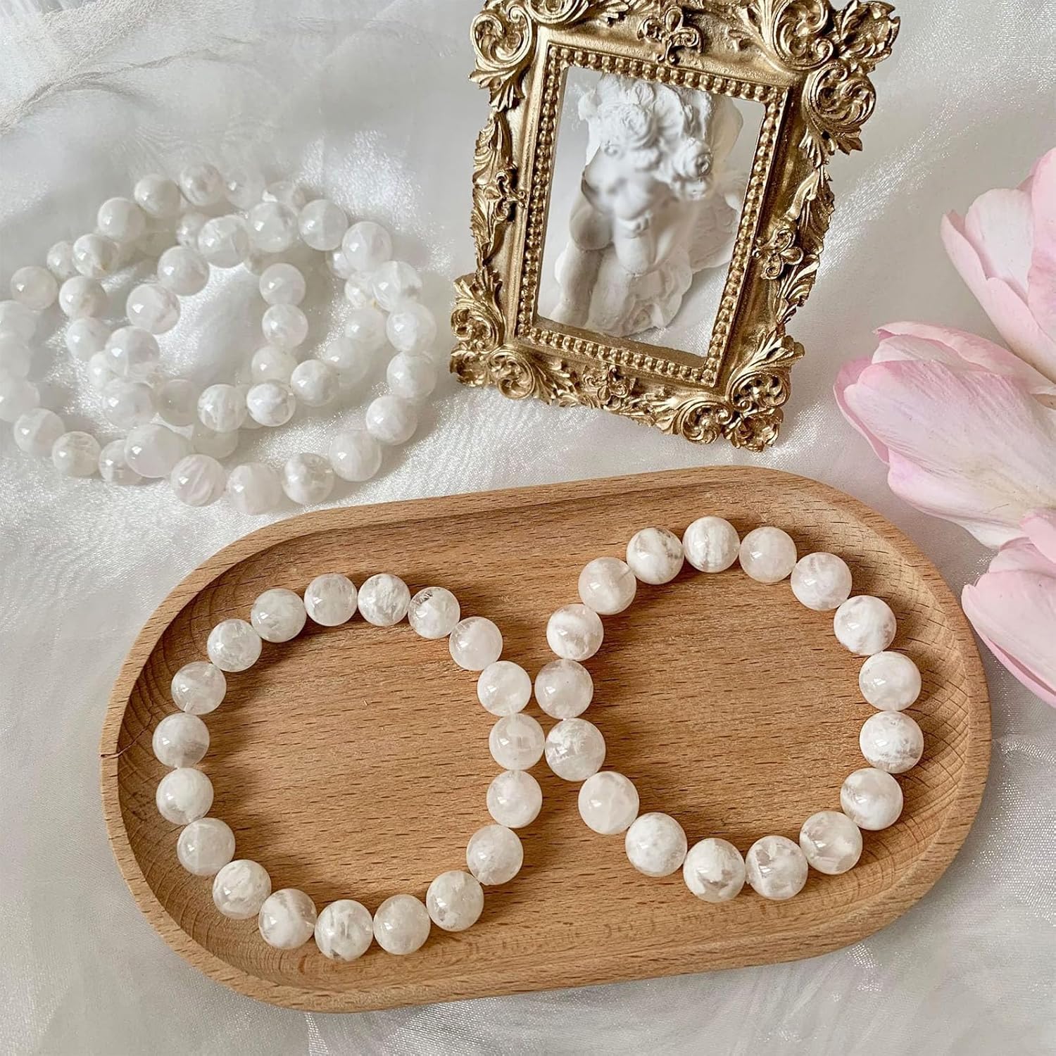 FengFaer 天然スノーフレークゴーストクリスタルブレスレット、女性用天然ホワイトメノウビーズブレスレット、天然宝石ブレスレット