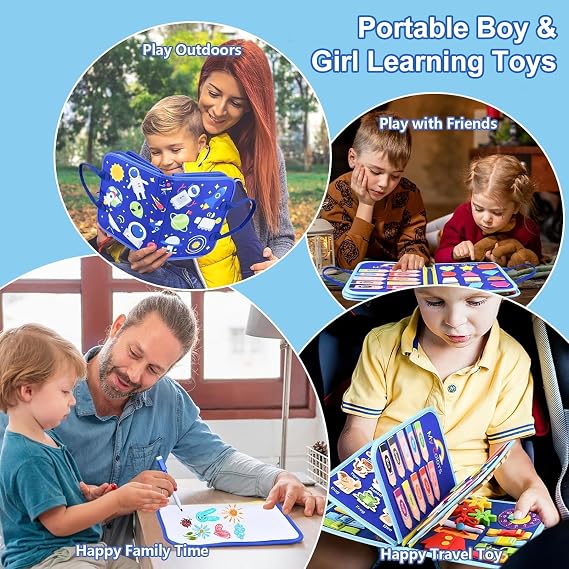 SaFeli Busy Board, Montessori Toys for Boys, Sensory Board Birthday Gifts - Educational Busy Book, Learning Toys, Preschool Learning Activities and Travel Toys for Airplane Car, Blue