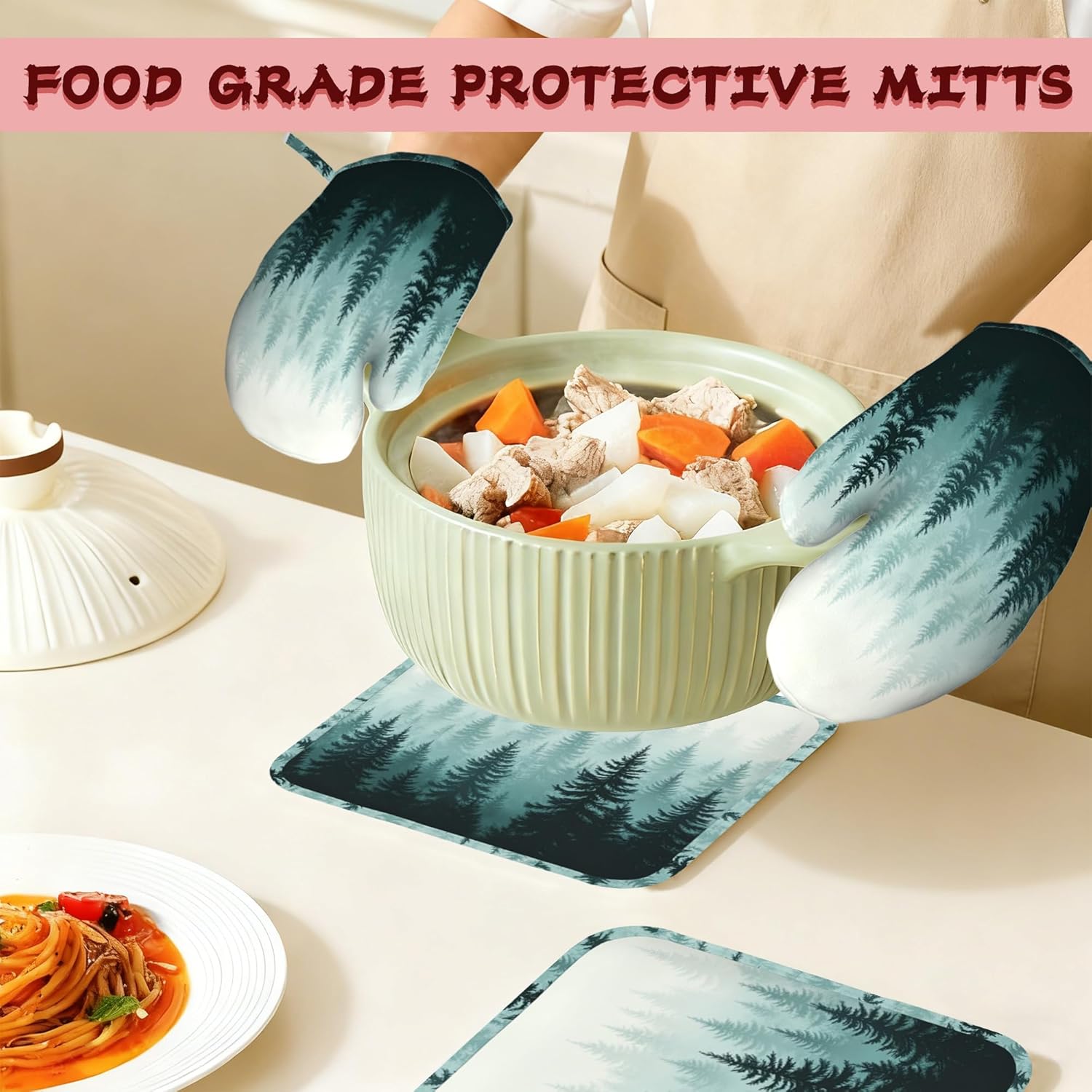 Misty Forest Silicone Oven Mitts and Pot Holders,Heat-Resistant 4 Piece Kitchen Set Non-Slip Oven Gloves and Hot Pads for Cooking, Baking, Grilling,BBQ