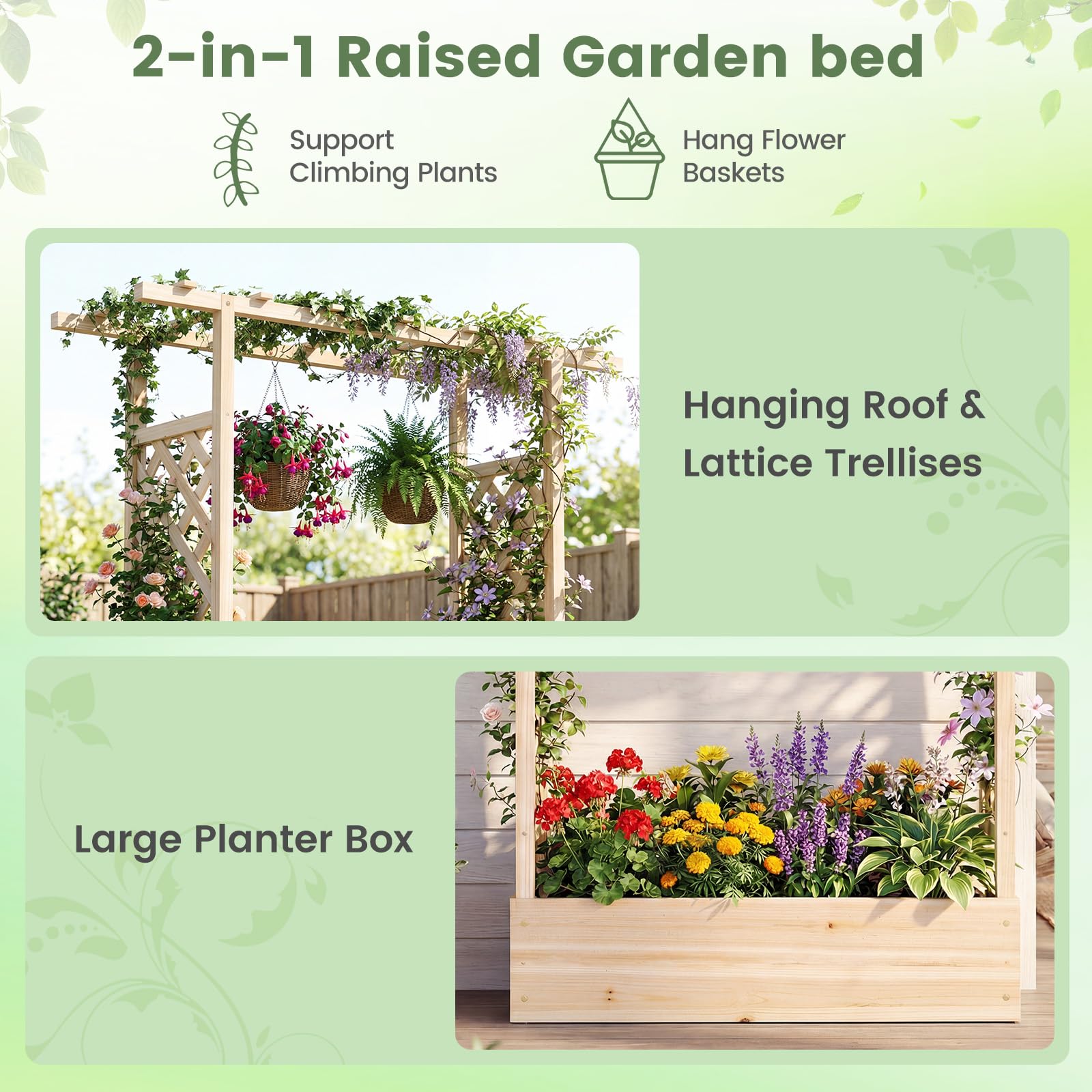 FANTASK Blumenkasten mit Rankgitter, 110 x 35 x 227 cm, Hochbeet mit Spalier für Kletterpflanzen & hängende Körbe, Pflanzkasten mit hängendem Dach, Pflanzkübel für Garten Hof Terrasse (Natur)