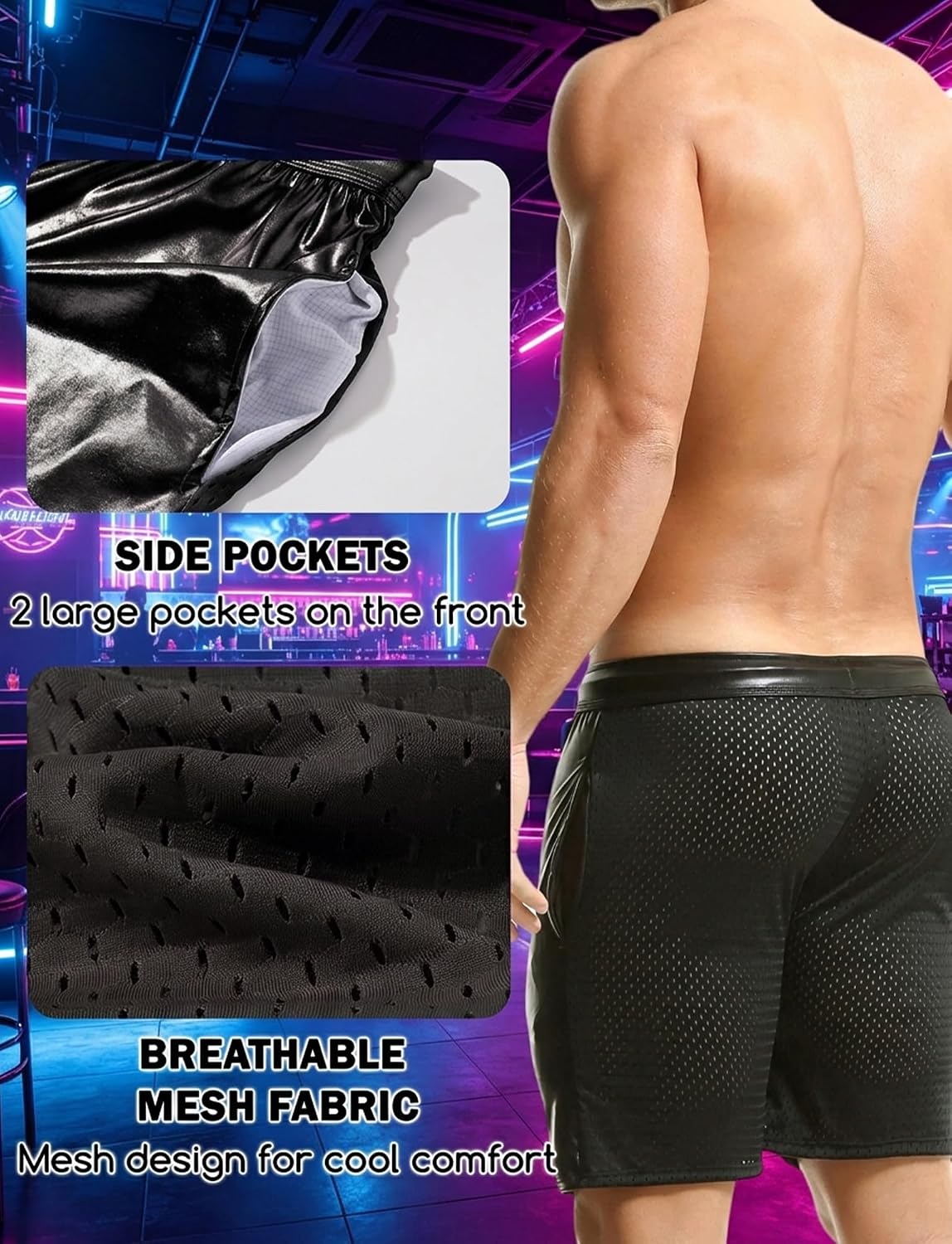 SEAUR Men's Shiny Metallic Mesh Shorts Sexy Breathable Comfortable Club Sport Shorts