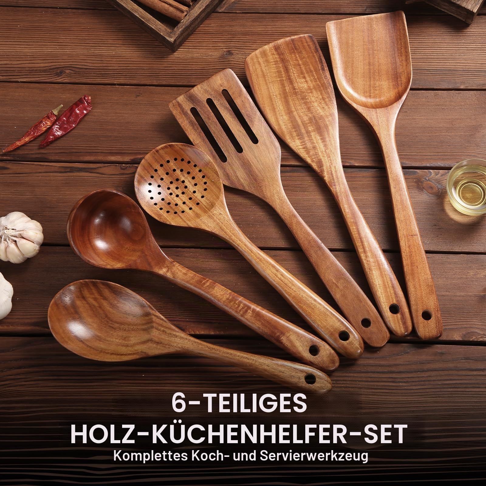 AIUHI Antihaft-Küchenutensilien-Set aus natürlichem Holz, glatt polierte Teakholz-Löffel zum Kochen, Pfannenwender mit bequemem Griff für anspruchsvolles Kochen, 6-teilig