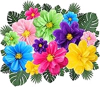 42-Pc Tropical Party Decor Set: 12 Colorful Giant Tissue Paper Flowers (20"/10") + 30 Faux Palm Leaves for Hawaiian Luau, Fiesta, Birthday