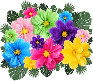 42-Pc Tropical Party Decor Set: 12 Colorful Giant Tissue Paper Flowers (20"/10") + 30 Faux Palm Leaves for Hawaiian Luau, Fiesta, Birthday