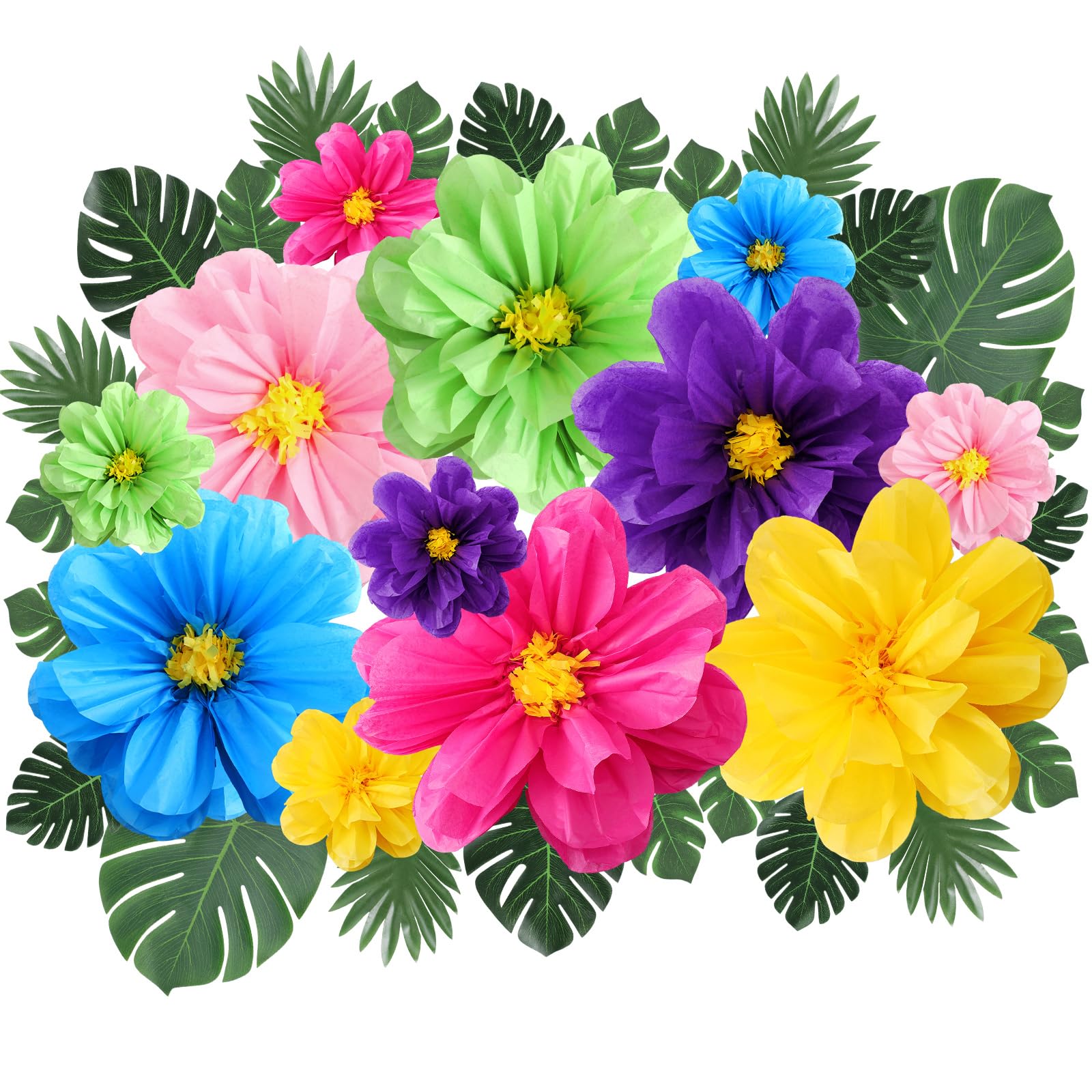 42 Pcs Tissue Paper Flowers Faux Palm Leaves Set 12 Pcs 20''/10'' Colorful Giant Paper Flowers and 30 Pcs Tropical Leaves for Summer Hawaiian Luau Mexican Fiesta Birthday (Stylish Colors)