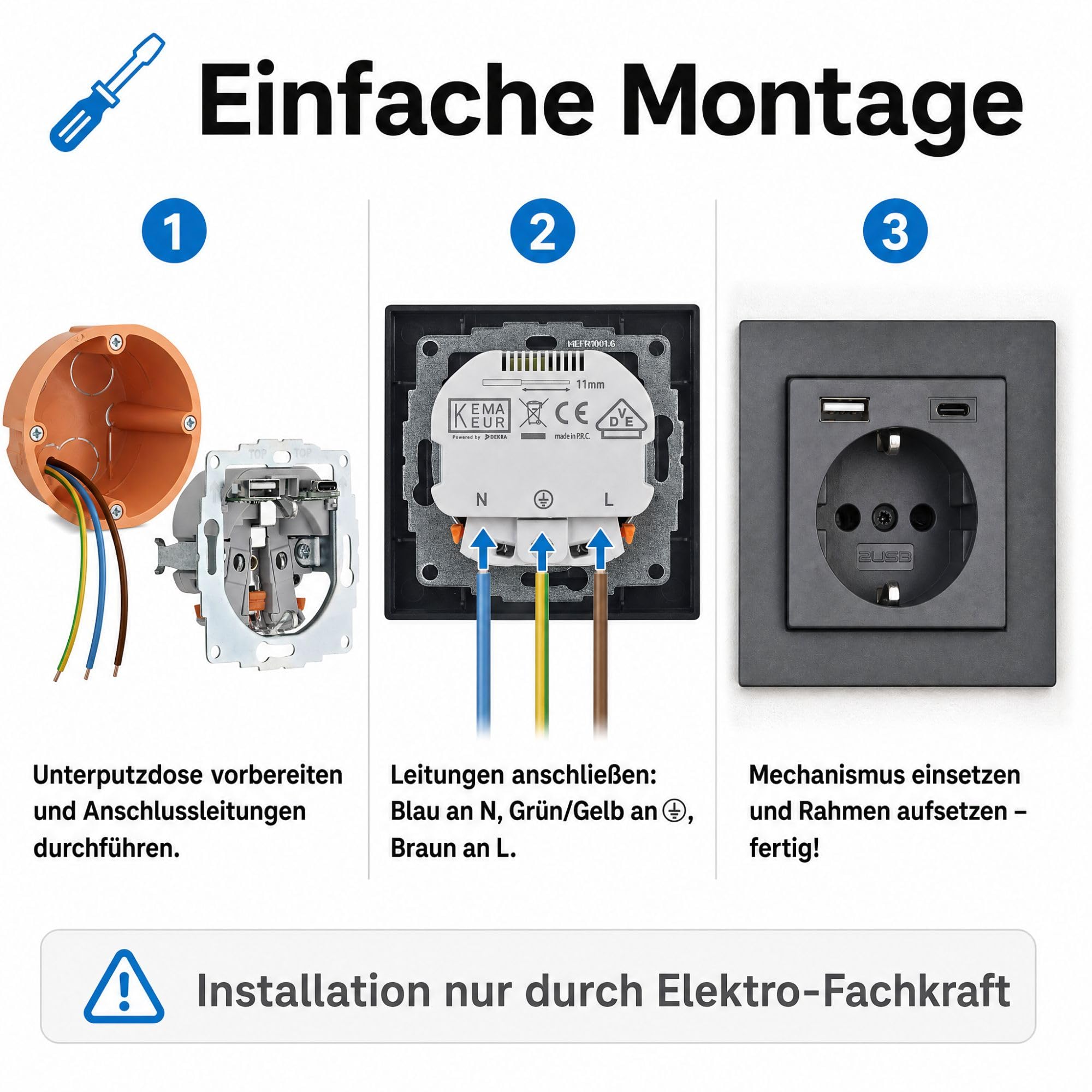 USB-Steckdose chargeMax unter Putz USB-A + USB-C mit Rahmen Ausführung 2USB, Tiefe nur 32mm, Set mit Abdeckung Gira E2 anthrazit
