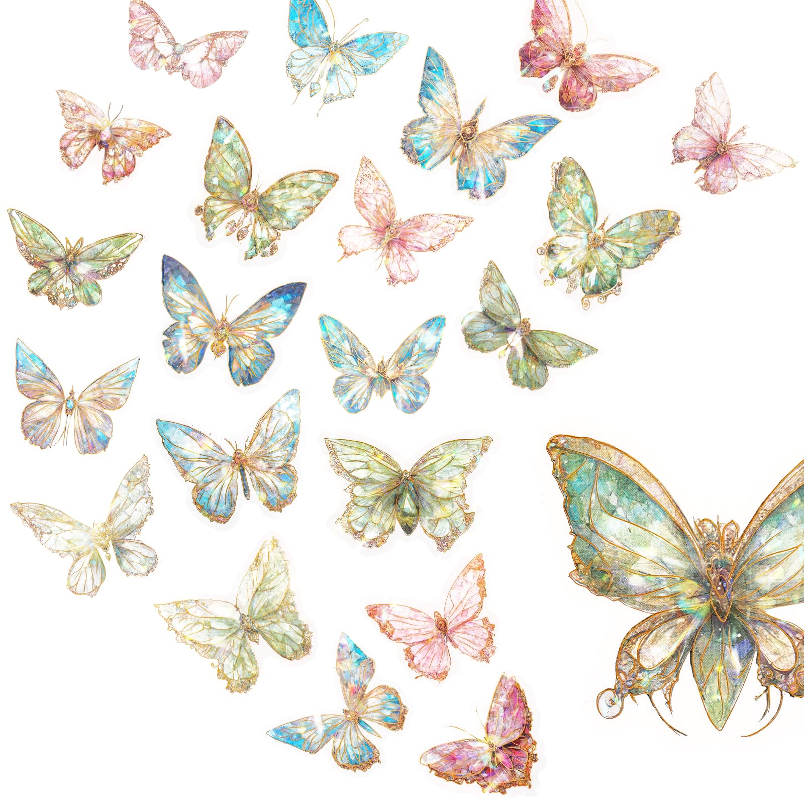 20 Schmetterlings-Sticker Holografisch Glitzernd – Grüne Motive, Bis 70 Mm, Für Scrapbook & DIY