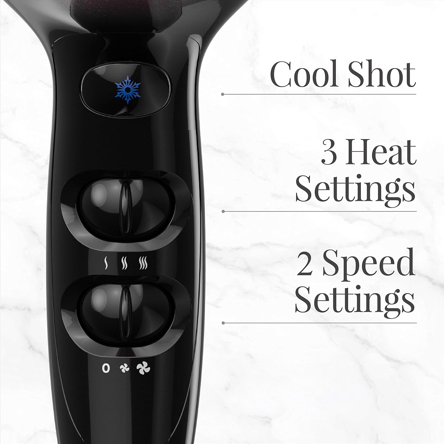 Close-up of the Remington D5950 dryer's control panel showing heat, speed, and cool shot buttons