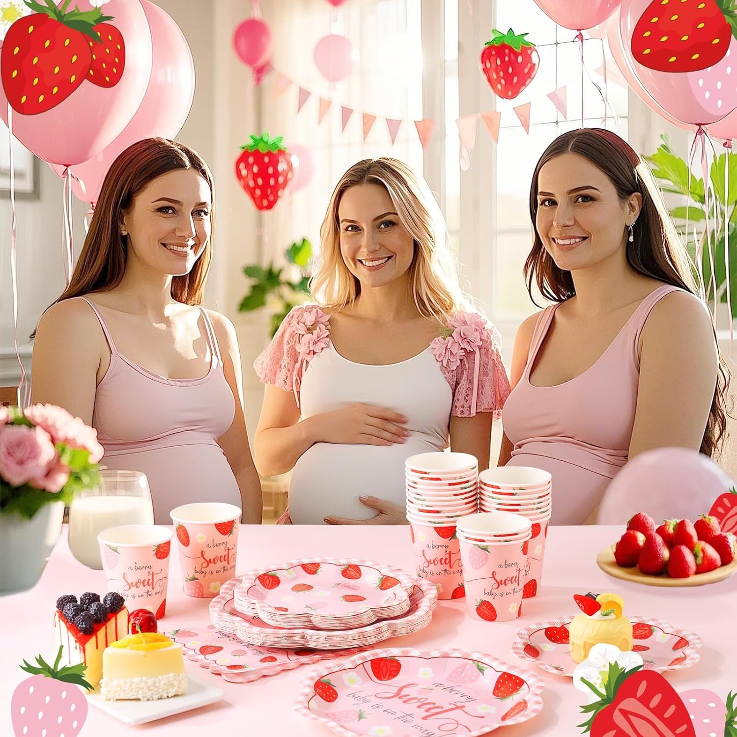 Strawberry Baby Shower Decorations for Girl, Baby Shower Plates and Cups and Napkins Sets Serves 50, Strawberry Plates, A Berry Sweet baby Is On The Way Decorations, Berry Sweet baby shower