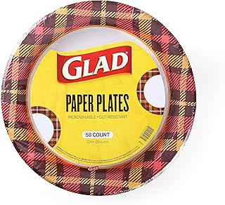Glad Disposable Paper Platter, Warm Plaid Design, 32ct | Soak Proof, Cut-Proof, Microwaveable, Heavy Duty Disposable Platters in Elegant Designs, 8.5
