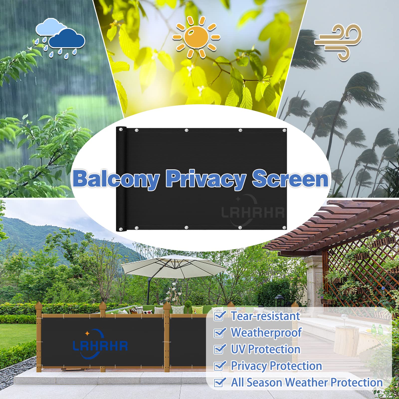Osłona balkonowa, ochrona przed wzrokiem, na patio, wodoodporna, blokada UV, osłona balkonowa z opaskami kablowymi i liną, czarna, 60 x 700 cm