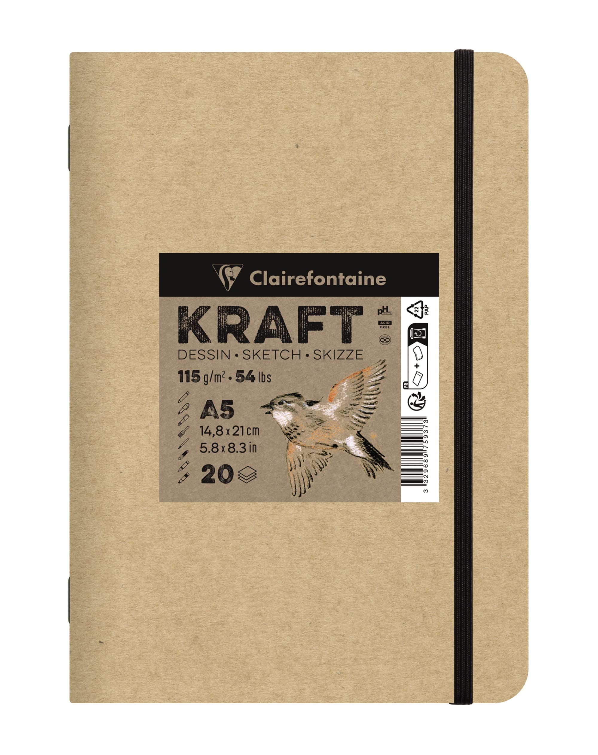 Clairefontaine 975937C - One Kraft Paper Notebook - 20 Sheets of Brown Uncoated Kraft Paper A5 14.8x21 cm 115g - Elastic Closure, Soft Kraft Card Cover