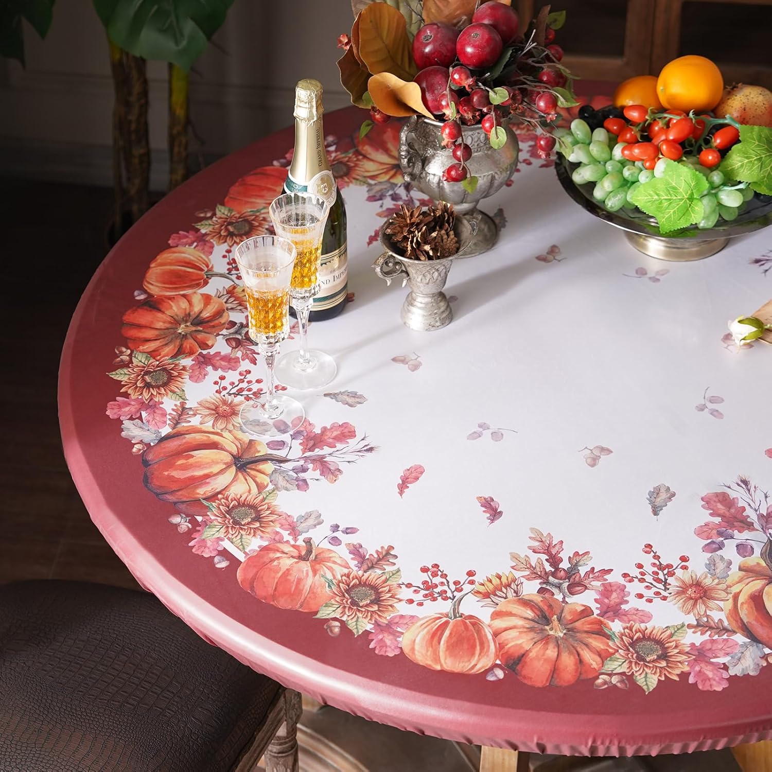 Condition photo showing New/Like New for Artbloss Round Fitted Tablecloth with Elastic Waterproof Oli Proof Table Cover Wipeable Vinyl Table Protector for Home Picnic Outdoor (Pumpkin, 46"-55" Round Tight Fit) Pumpkin 55" (Round)