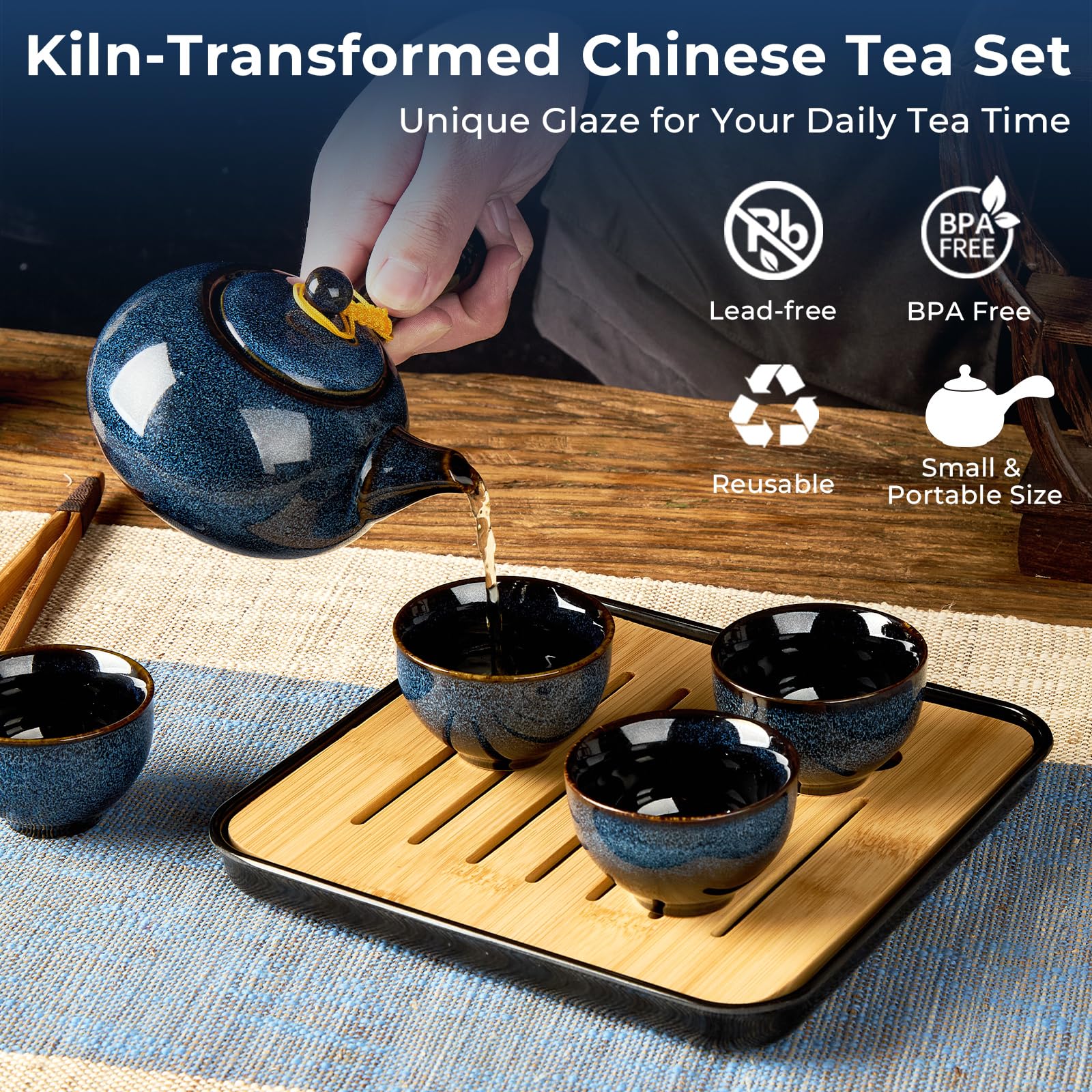 DUJUST Chinesische Gongfu-Teeset, glasierte Porzellan-Set mit 1 Teekanne, 4 Tassen & 1 Teetablett, tragbar mit Tasche für Reisen, Geschenke & Outdoor, dunkelblau