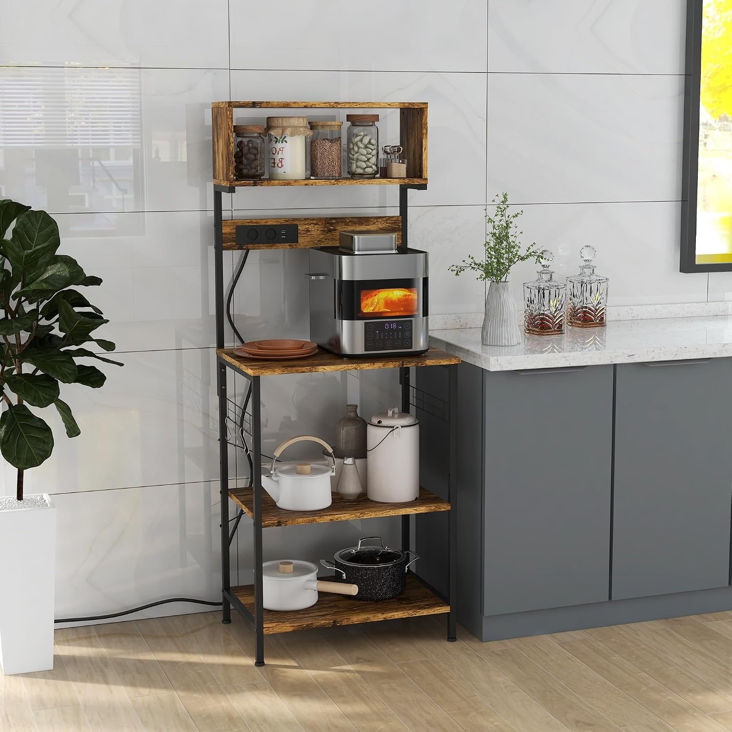 Kitchen Bakers Rack With Power Outlet, USB Charger, Microwave Stand, With Adjustable Shelves, 5 Hooks For Spices, Pots And Pans, Rustic Brown