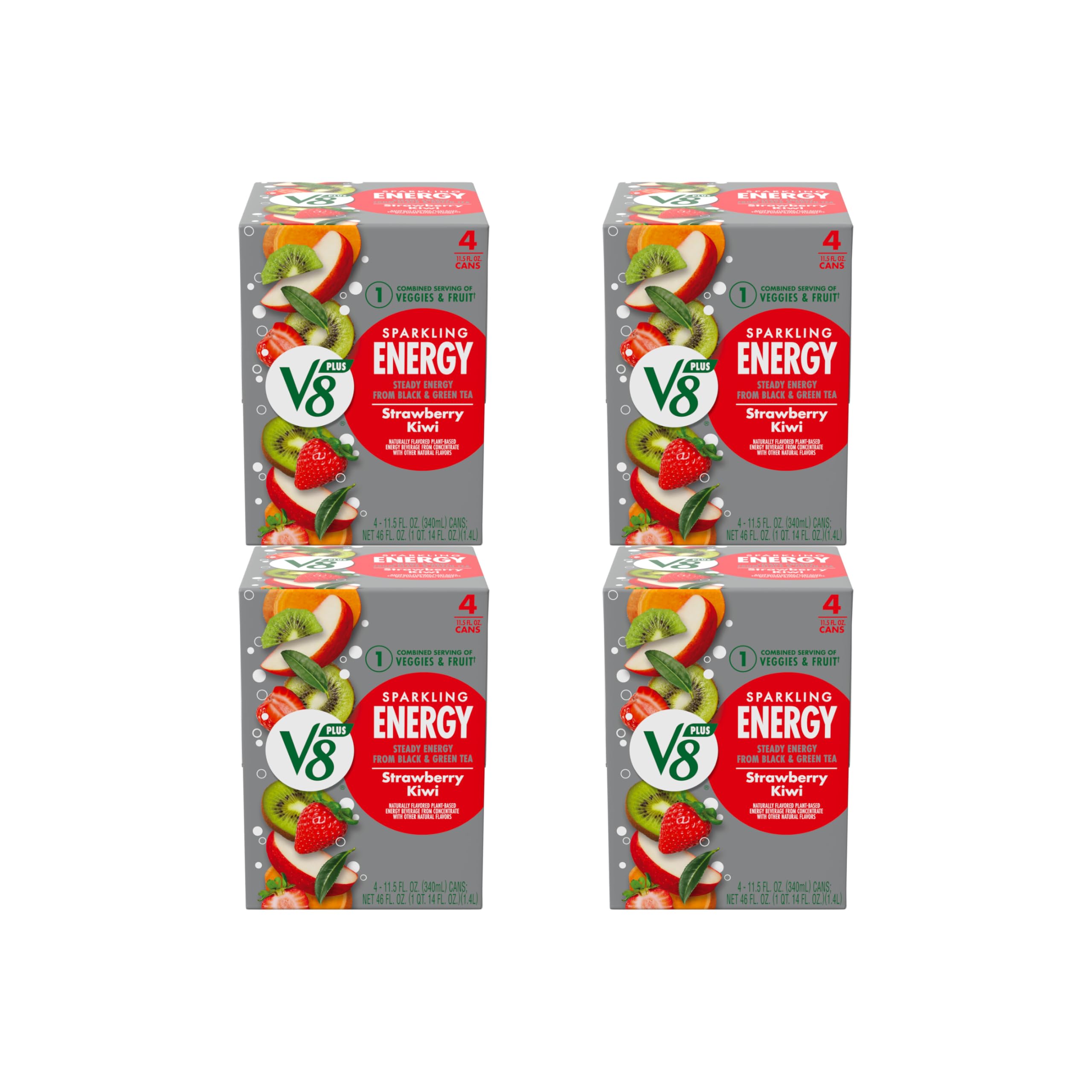 V8 +Energy Strawberry Kiwi Can | Sparkling | Juice Energy Drink | 11.5 fl oz | Pack of 16
