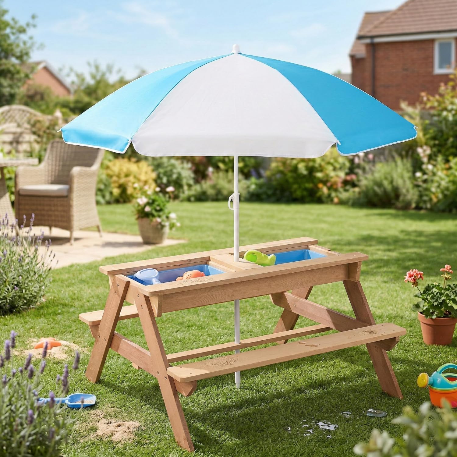 3-in-1 Outdoor Wooden Picnic Table with Umbrella Convertible Sand & Water Gray
