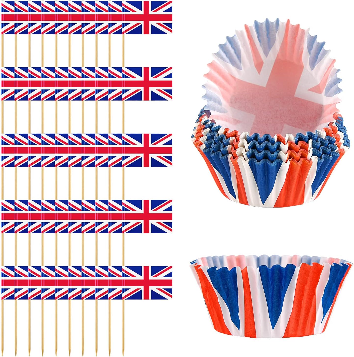 QUACOWW 200 Pieces Union Jack Flag Cake Toppers Union Jack Cupcake Cases Platinum Jubilee Mini