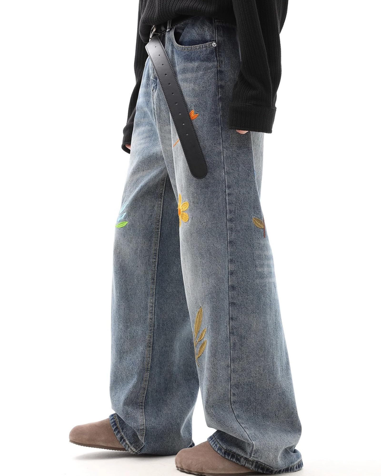 Herren Floral Stickerei Mid Rise Gerade Jeans Hip Hop Streetwear Lose Lässige Breite Bein Hosen
