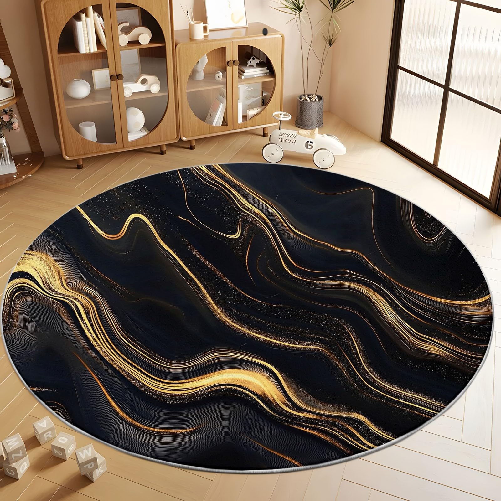 Round Rug Black 4ft Marble Gold Wave Area Indoor Circle Rug Round Washable Rug, Floor Mat Print Non Slip Carpet Kitchen Living Room Dining Room