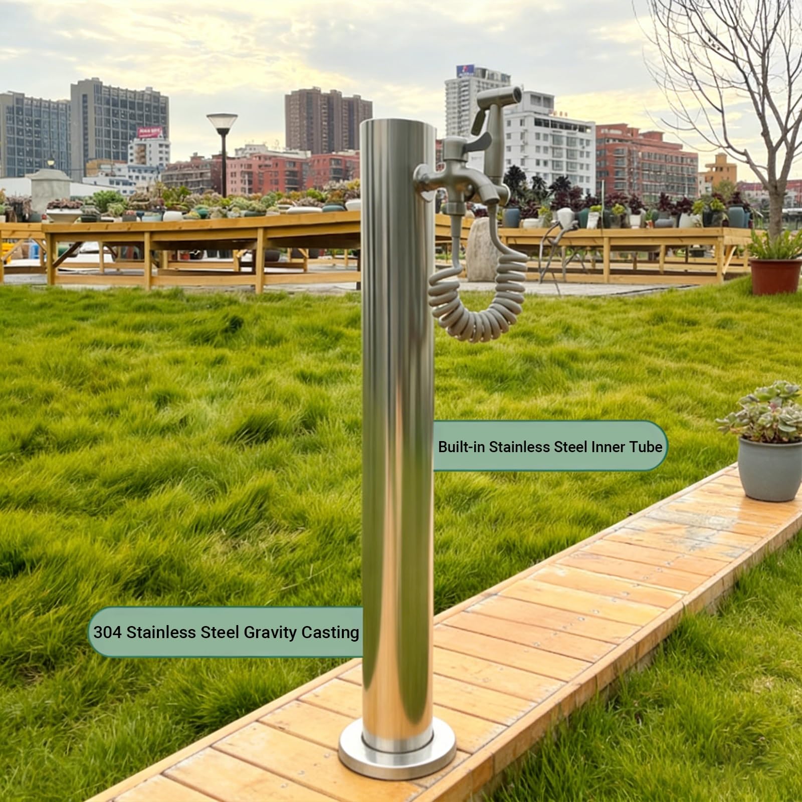 Columna de agua de acero inoxidable 304 para exteriores, hidrante vertical anticongelante con grifo, soporte de manguera independiente para patio y patio