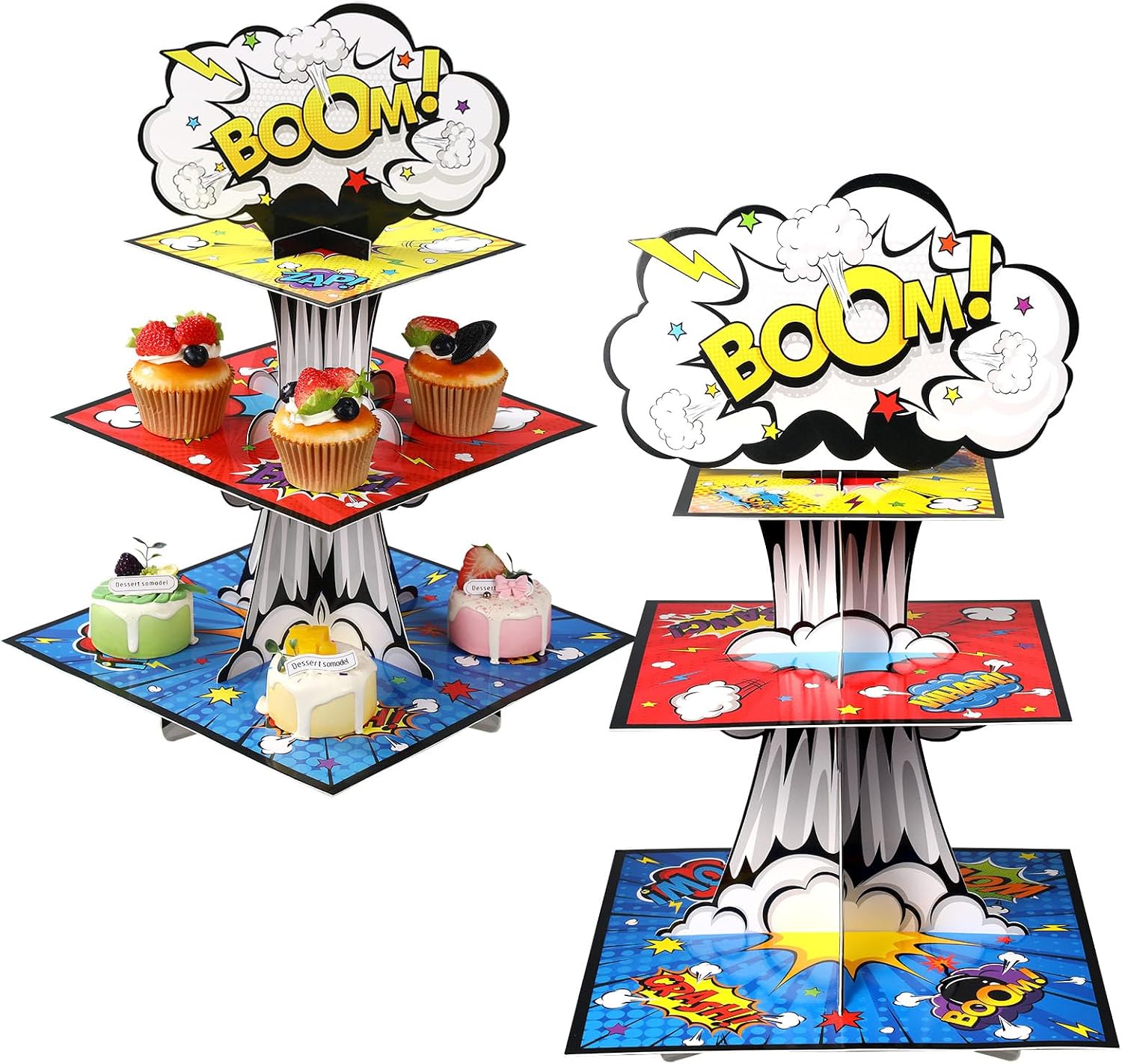 Zopeal 3 Tiers Hero Cupcake Stand Decoration Hero Theme Birthday Decoration Cupcake Tower Action Dessert Holder Table Display for Comic Book Birthday Party Decor Supplies