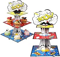 Vista 8 de Zopeal Soporte para cupcakes de héroe de 3 niveles, decoración de cumpleaños, torre de magdalenas, torre de acción, soporte para postres, exhibición