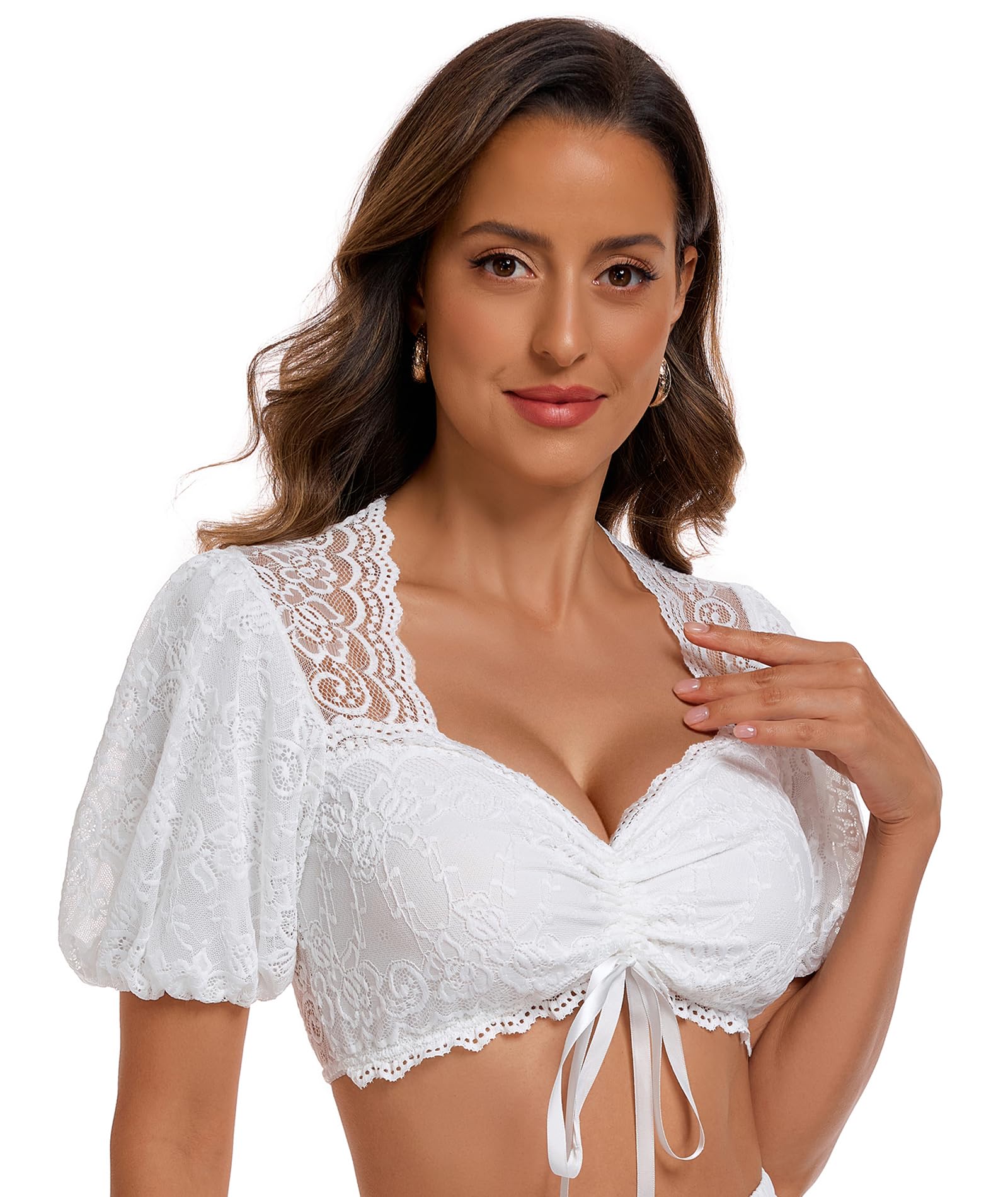 SIMIYA Dirndl Bluse Damen Spitze Dirndlbluse Weiß mit Puffärmel Kordelzug