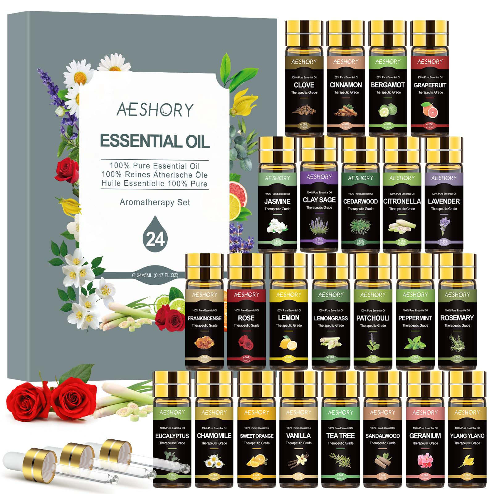 Aeshory - Zestaw olejków eterycznych 24 x 5ml, olejki aromatyczne 100% naturalne do dyfuzora, nawilżacza powietrza, aromaterapii, świec, kosmetyków, perfum