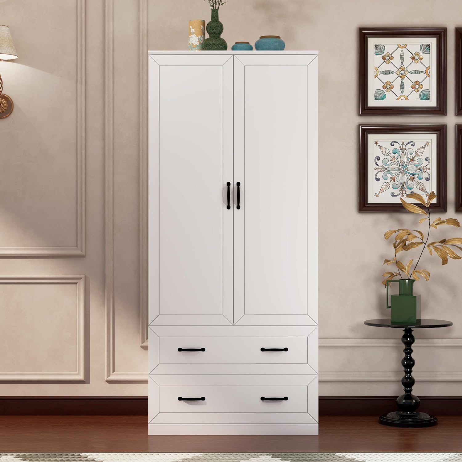 71" Wood Armoire Wardrobe Closet with 2 Doors and 2 Drawers, Clothes Storage Organizer Cabinets with Hanging Rod Freestanding Wardrobe for Bedroom, White (Style 2)