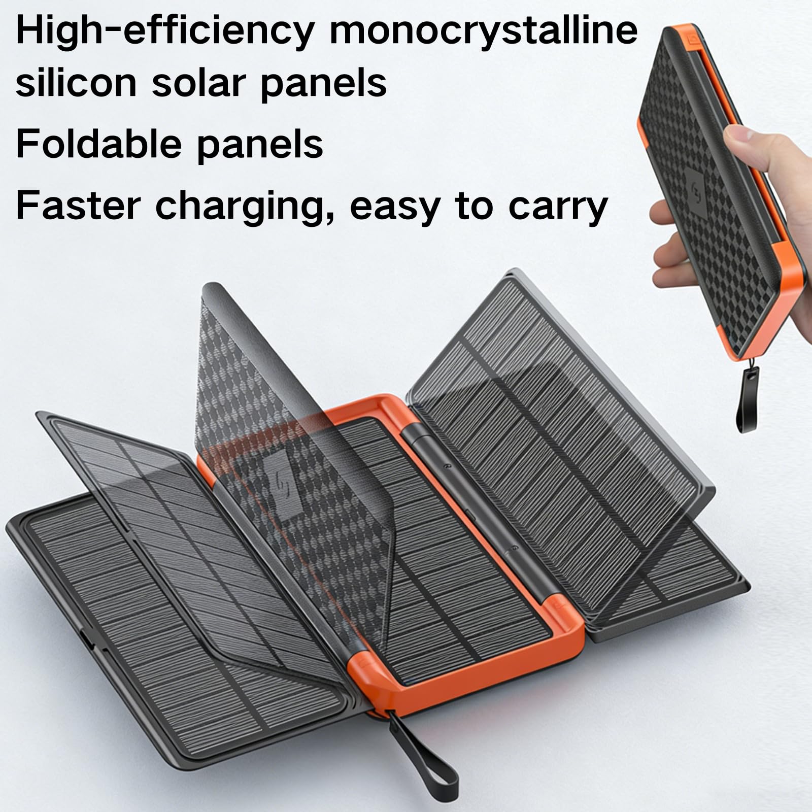 Powerbank Solar 20000 mAh, Dos Puertos USB, Tipo-C, Función de Carga Inalámbrica, Carga 4 Dispositivos al Mismo Tiempo, Cables Integrados, Cargador Portátil para iPhone, Android, Viajes