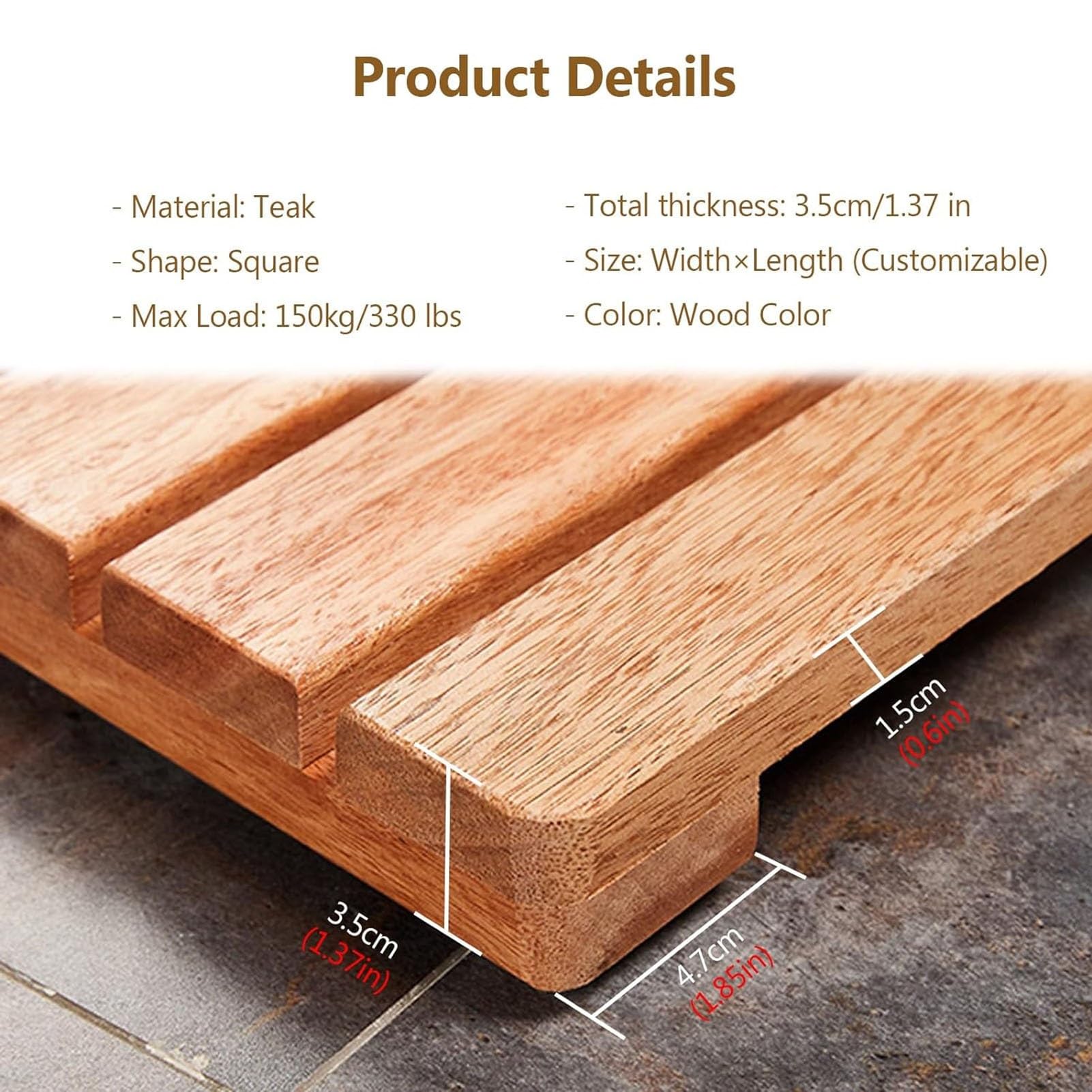 Heavy-Duty Bath Shower Mats Waterproof Floor Mats, Non-Slip Sturdy Wooden Teak Bath Mat with Center Drain Hole No-Maintenance,Quick Dry Comfortable Wood Board for Kitchen Spa Indoor Outdoor Use(25x36i