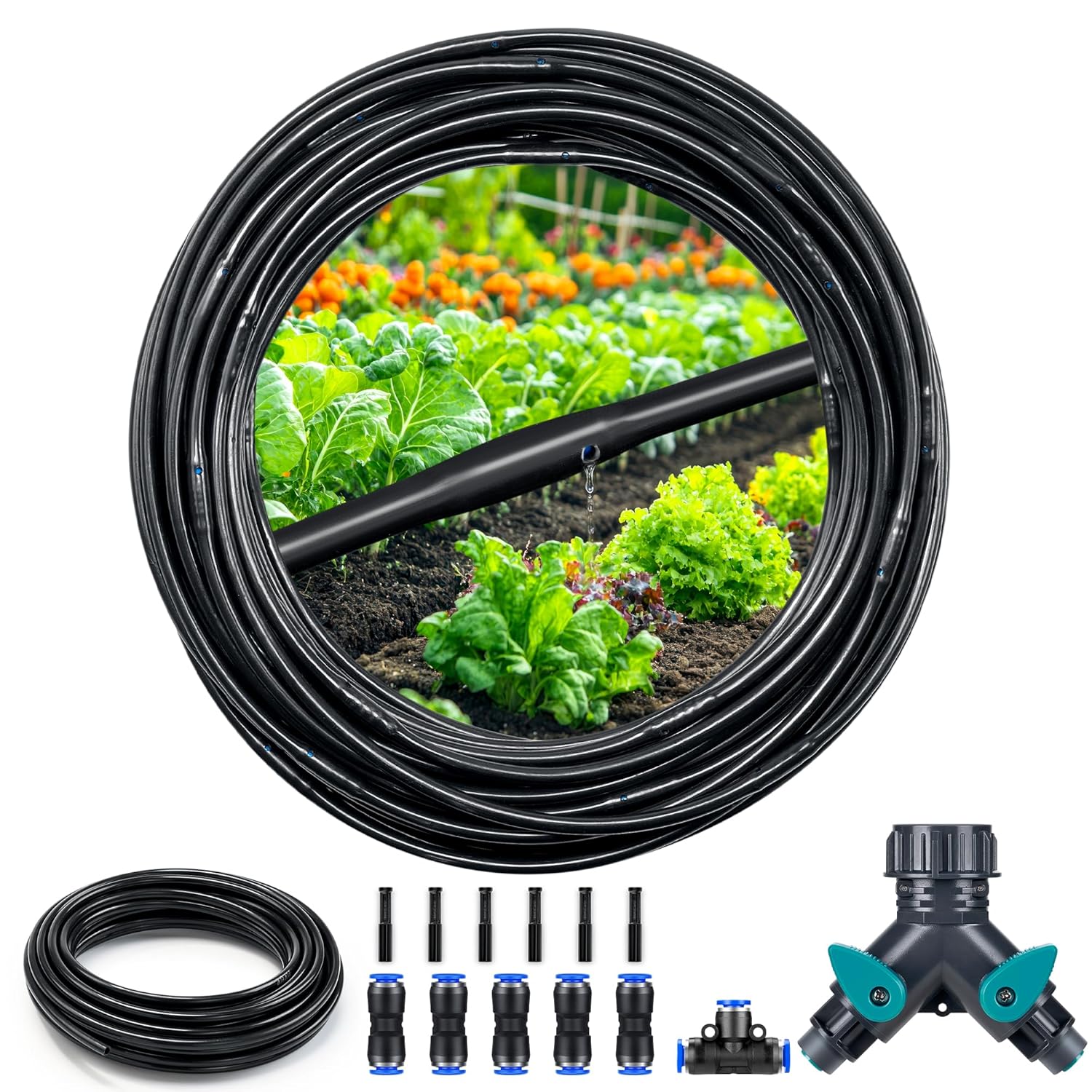 HIRALIY 1/4" Drip Irrigation Tubing Kit, Dripline with 6" Emitter Spacing, Built-in 0.5 GPH Drippers, 6mm 33FT Watering Hose with 2-Way Connector for Garden, Landscape & Greenhouse (Blue, 183FT)