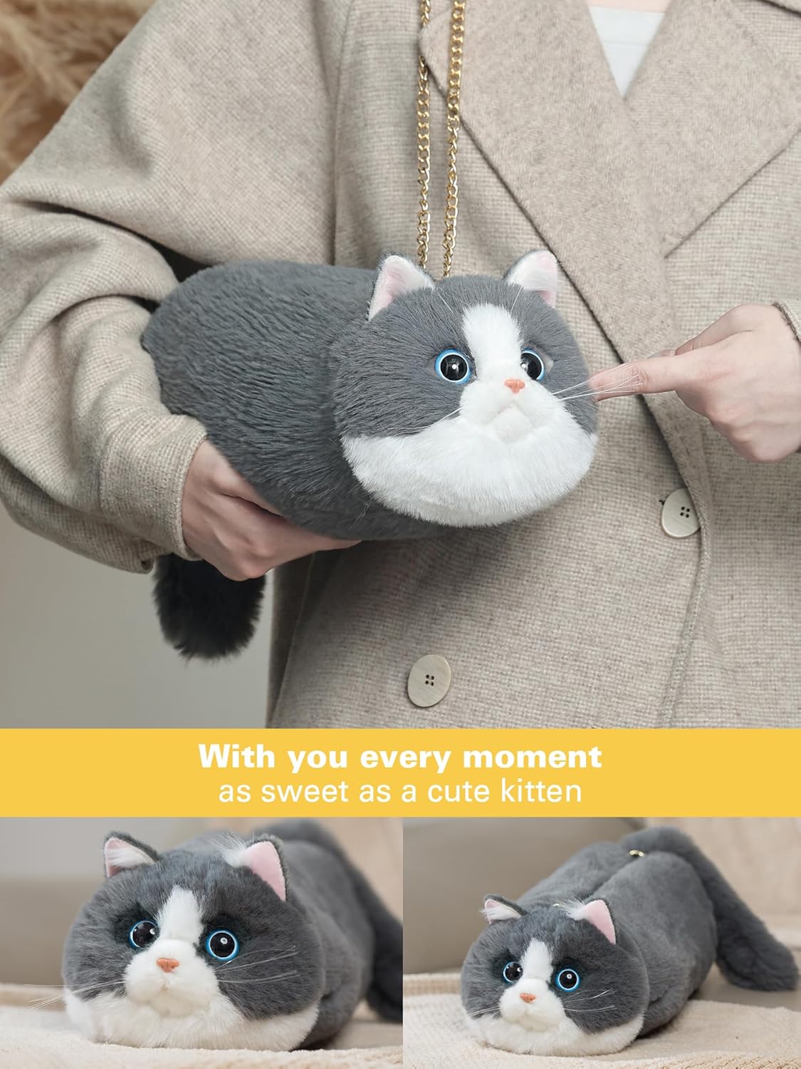 Cat Crossbody Bag Realistic Cat Shaped Backpack with Adjustable Strap and Metal Chain, Gift for Girl,Sister,and Daughter - Image 2