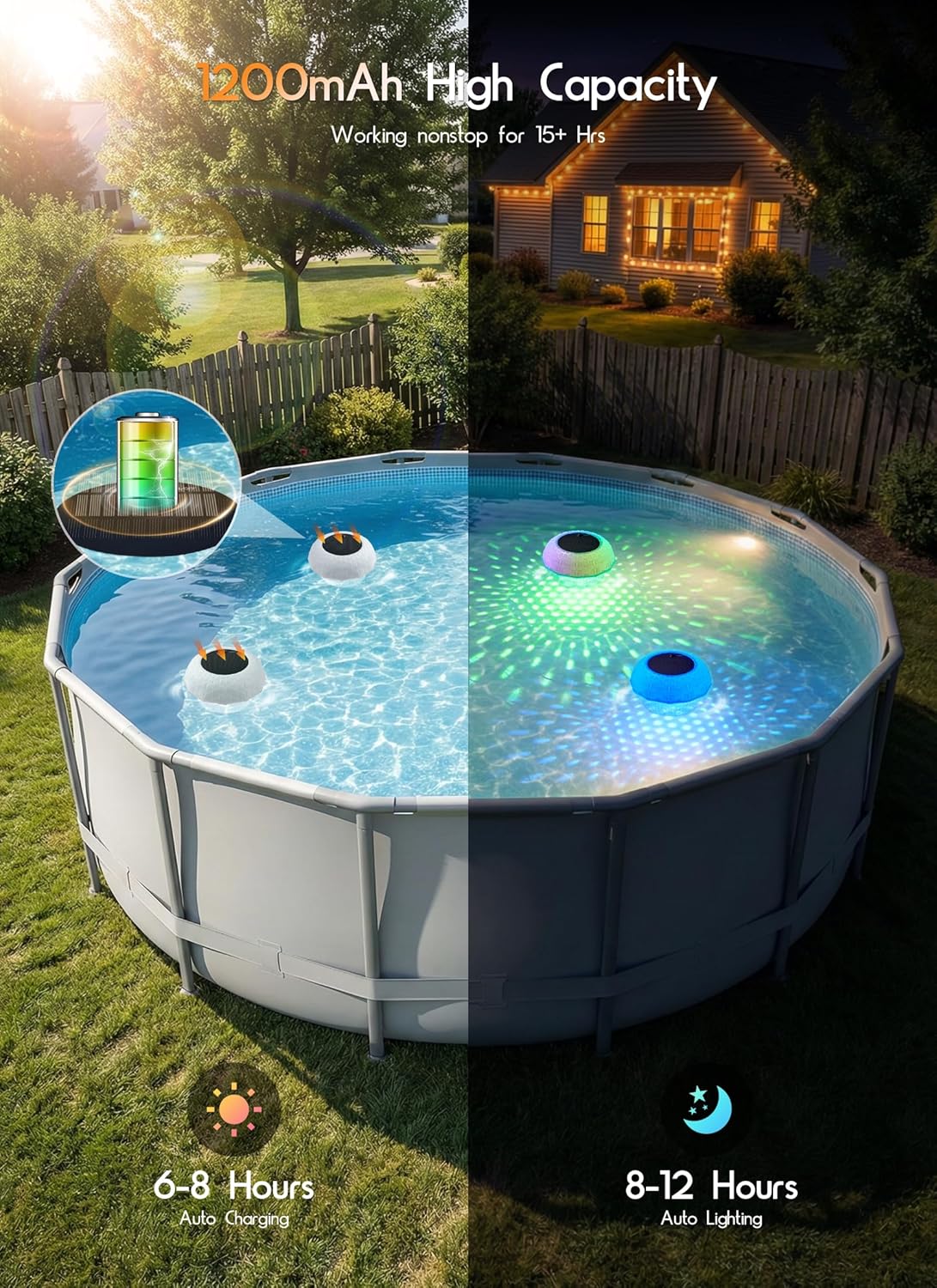 Brightown Floating Pool Lights Solar Powered 2 Pack, RGBWW Solar Pool Lights Chlorine Tablet Floater with 20+ Light Effects, Remote Control, IP68 Waterproof Pools Light for Pools, Hot Tubs, Party