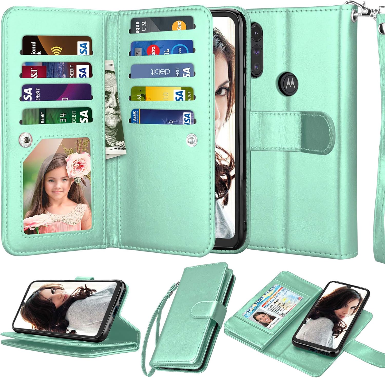 NJJEX for Moto E Case 2020, for Motorola E 2020 Wallet Case 6.2", [9 Card Slots] Luxury PU Leather ID Credit Card Holder Folio Flip [Detachable] Kickstand Magnetic Phone Cover & Lanyard [Turquoise]