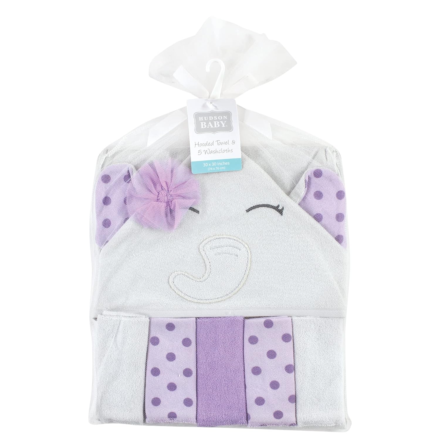 Hudson Baby Unisex Baby Hooded Towel and Five Washcloths, Purple Dots Pretty Elephant, One Size - Image 2