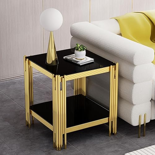 Miniatura 10 de Yoluckea Mesa auxiliar cuadrada moderna de vidrio de 23.6 pulgadas, mesa auxiliar clásica de vidrio templado de 2 capas con 4 patas de tablero de