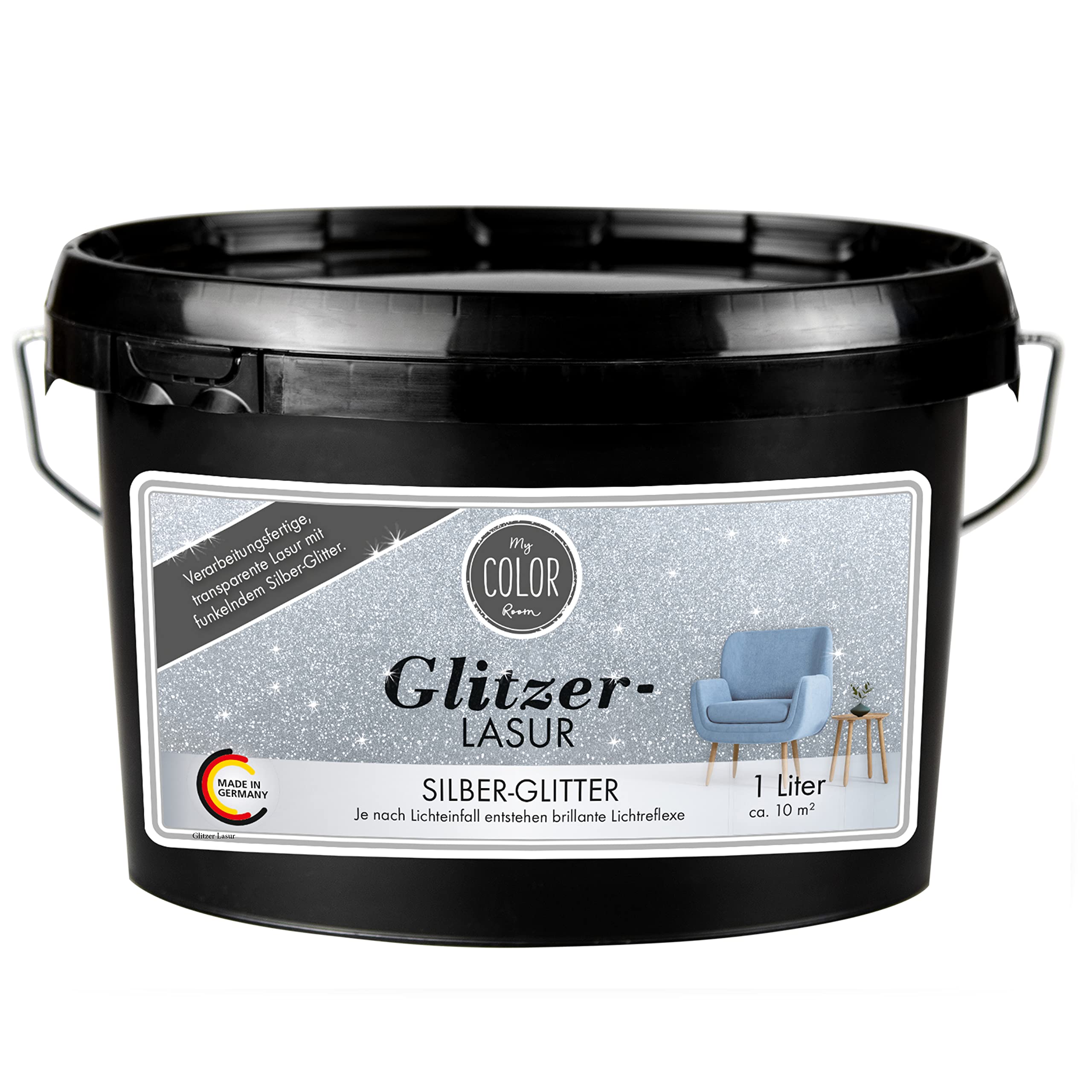 Glitzer-Lasur (1000 ml, Silber) Transparente Wandfarbe für Wandgestaltung Mit Glitzer-Effekt, Innenbereich Dekorationslasur Made in Germany