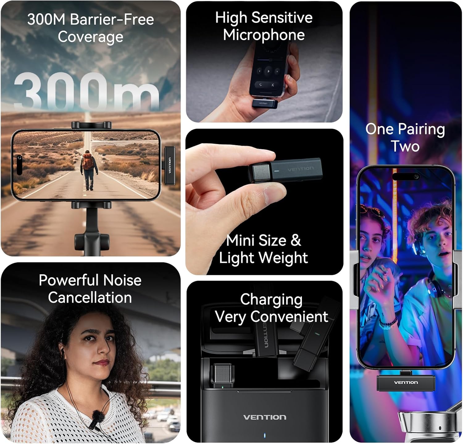 Collage of VENTION microphone features including 300M coverage, high sensitivity, mini size, noise cancellation, convenient charging, and dual channel pickup