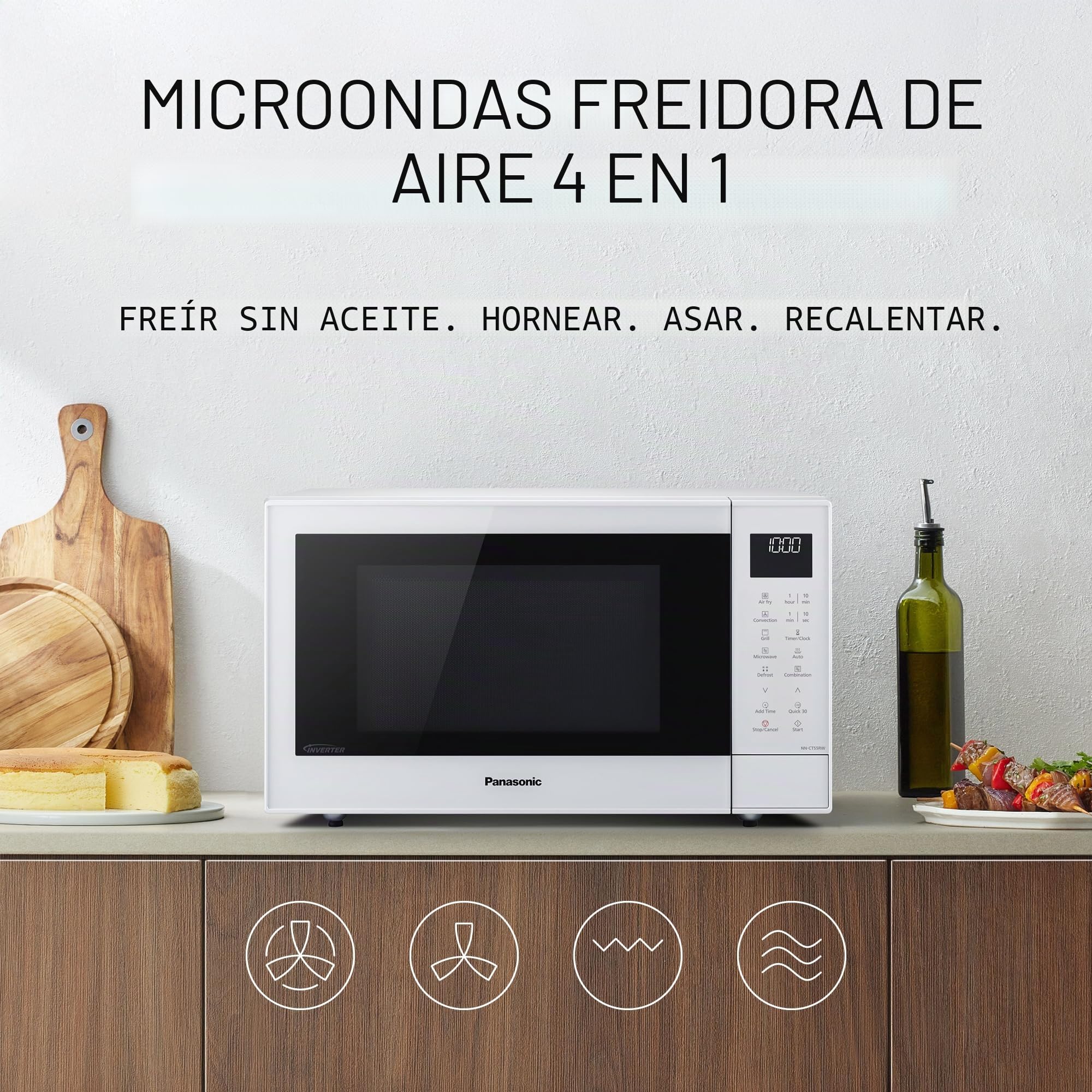 Panasonic NN-CT55RWEPG Horno Microondas Combinado 4 en 1 de 27 L con Freidora De Aire, Inverter de 1000 W, Grill de 1300 W, Convección, 19 Programas Automáticos, Blanco
