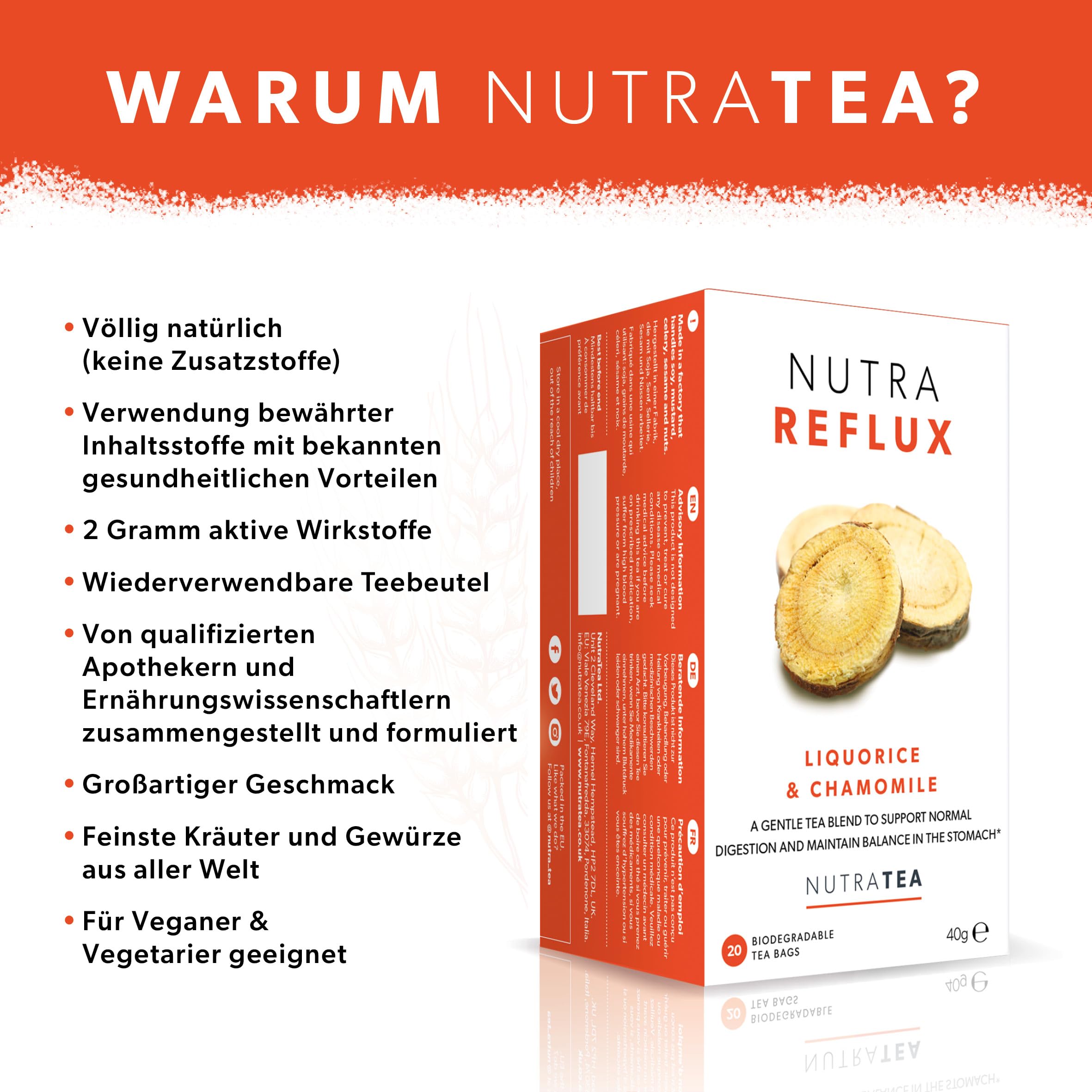 Nutra Tea NUTRAREFLUX, Magendarmtee hilft bei Magen-Darm Beschwerden, Darm Tee kann das Gefühl von Unbehagen reduzieren, 120 wiederverwendbare Teebeutel, Kräutertee bei Verdauungsbeschwerden